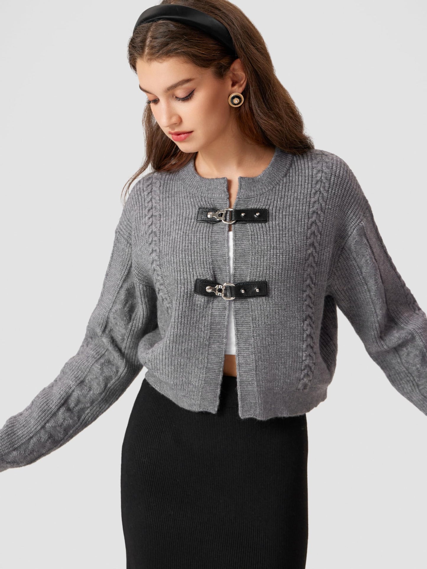 CIDER Cardigan Sweater for Women Round Neck Buckle Sweater Knitted Crop Top Long Sleeve Open Front Outerwear: Grey, M