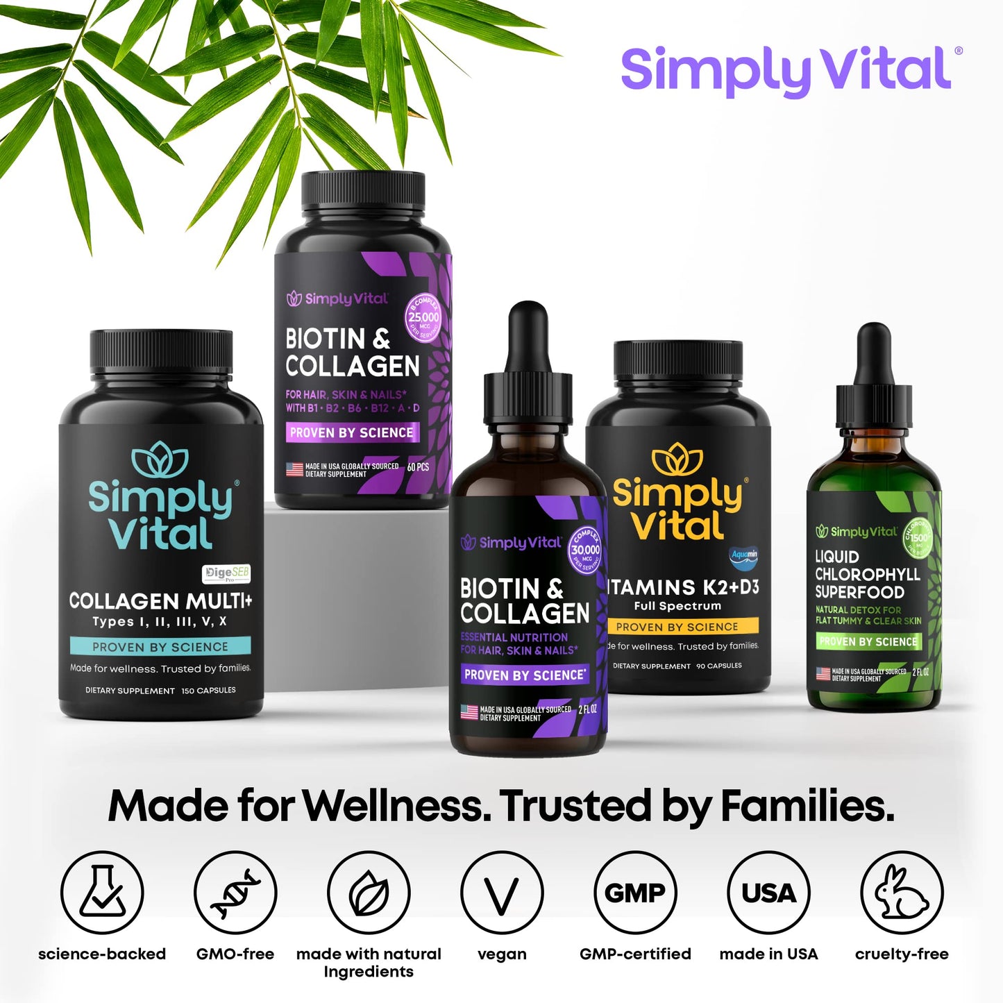 Simply Vital Liquid Collagen & Biotin Vitamins for Hair, Skin and Nails - Biotin 10000 mcg & Collagen 20000 mcg - Hair Growth Supplement for Women & Men - Made in USA - 99% Absorption Liquid Biotin