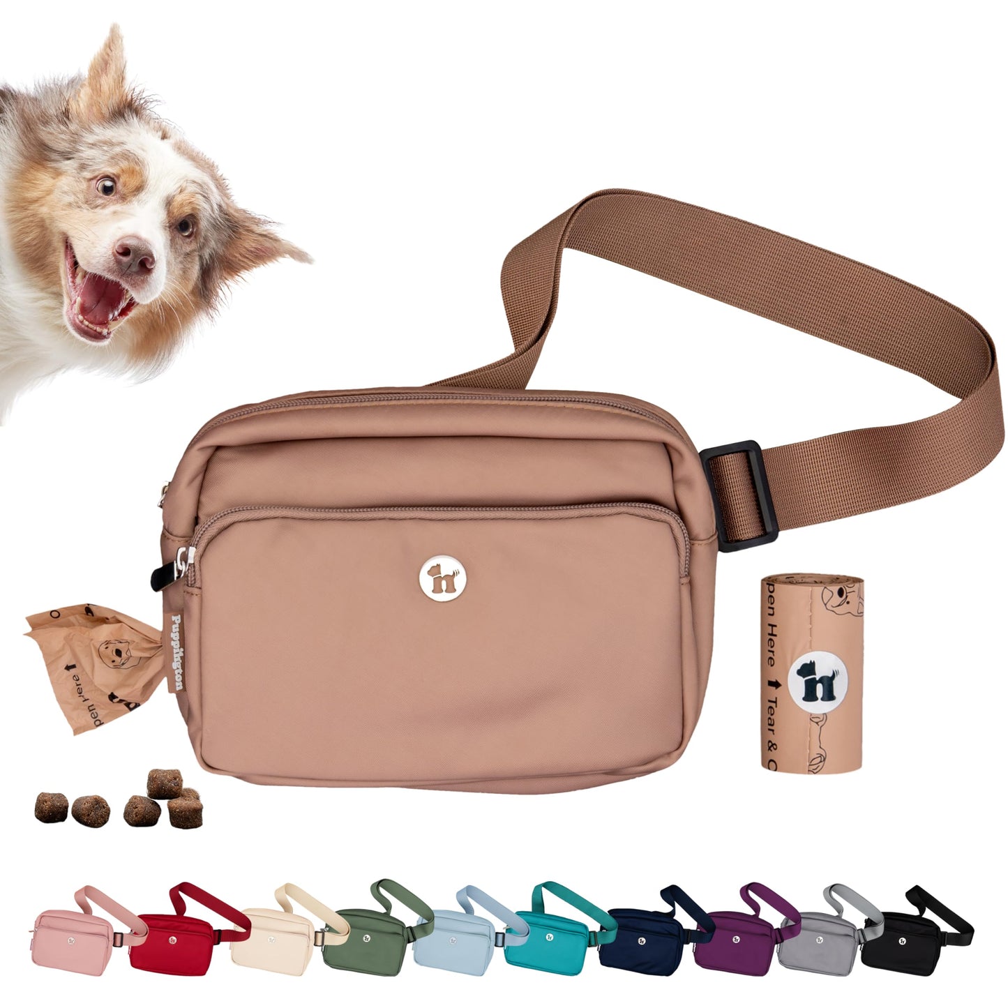 Puppington 3-in-1 Crossbody Bag & Dog Treat Pouch for Pet Training - Matching Poop Bags & Built-In Poop Bag Dispenser - Zippered Pockets - Dog Walking Bag for Office to Off-Leash (Latte Beige)