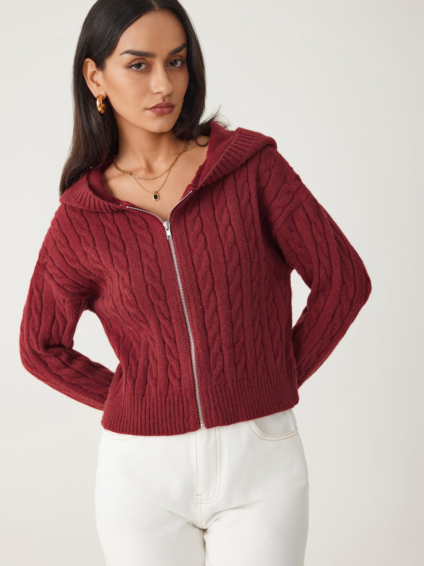 CIDER Women's Zip Up Hoodie Cardigan Cable Knit Long Sleeve Knitter Crop Tops Sweater: Wine, M