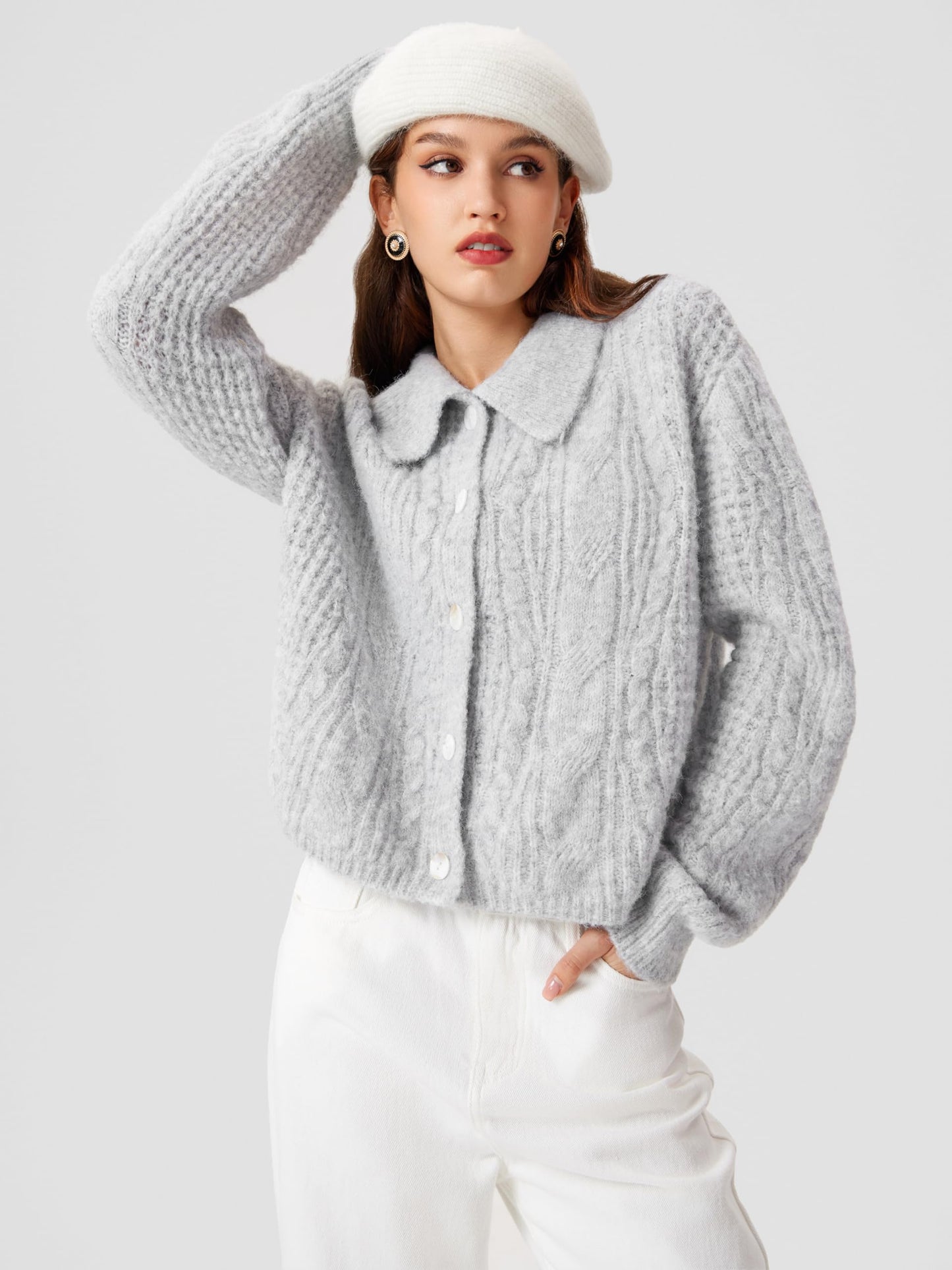 CIDER Cardigan Sweater for Women Collared Button Down Chunky Wool-Blend Crop Cute Knitted Tops: Light Grey, M