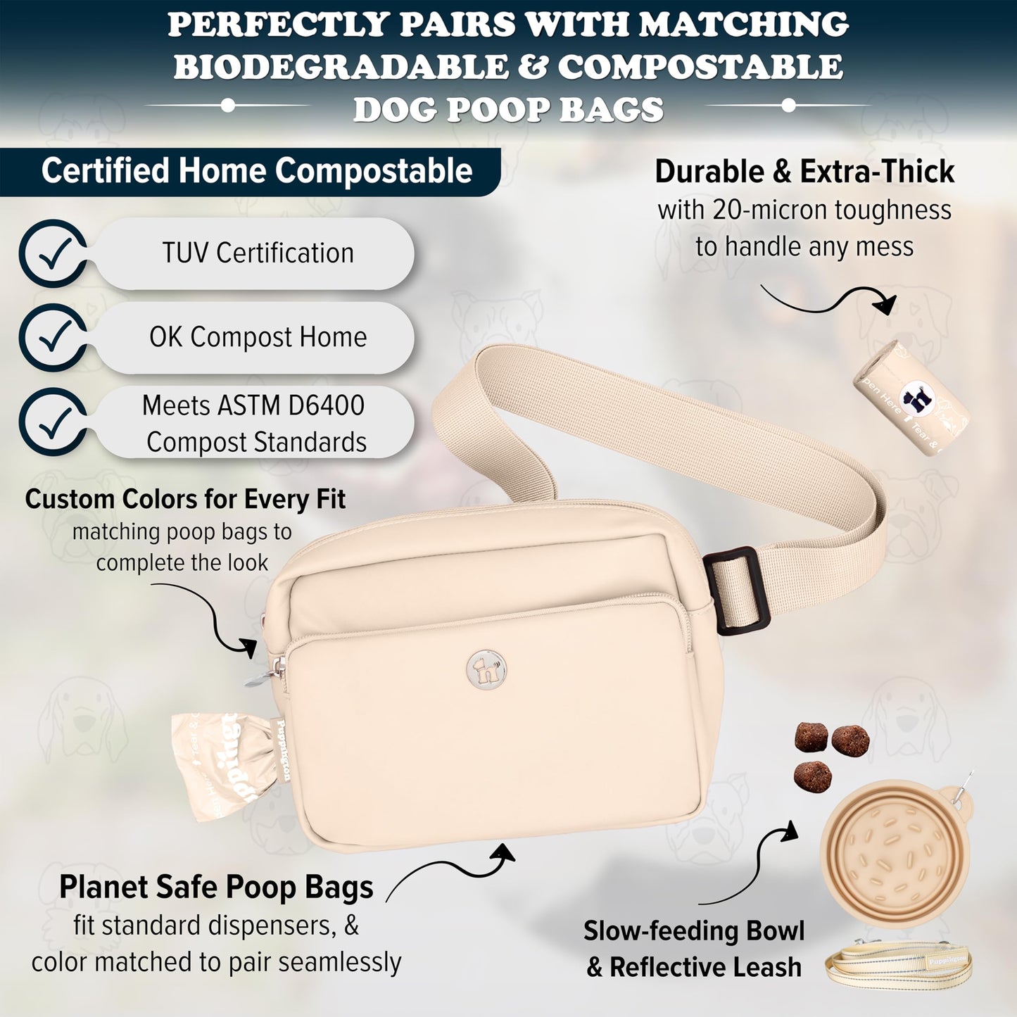 Puppington 3-in-1 Crossbody Dog Treat Pouch for Pet Training - Compostable Poop Bags, Built-In Poop Bag Dispenser, Slow-Feeding Travel Dog Bowl & Reflective Leash - Dog Walking Bag (Vanilla Cream)