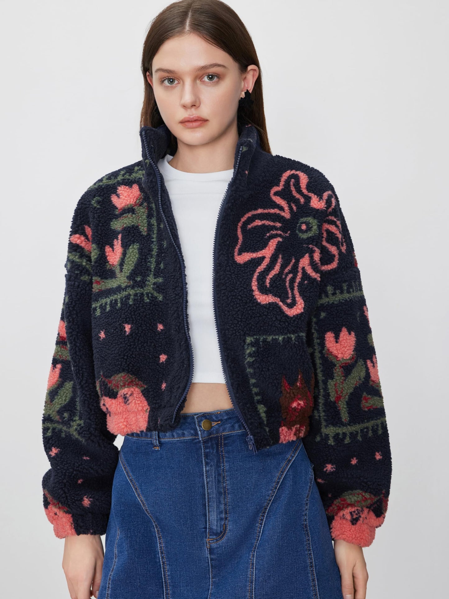 CIDER Sherpa Jacket Women Fleece Jacket Turtle Neck Floral Cropped Graphic Zipper Jacket for Winter: Dark Navy, M