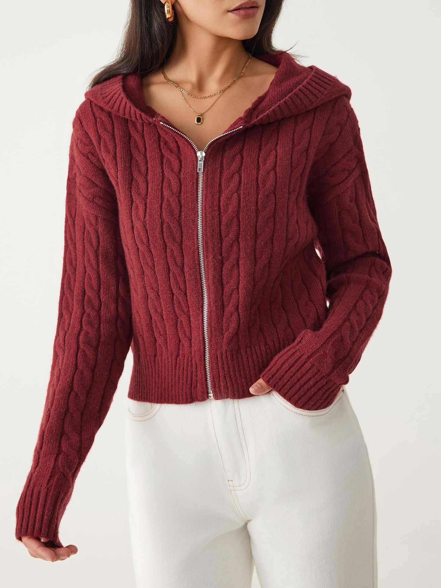 CIDER Women's Zip Up Hoodie Cardigan Cable Knit Long Sleeve Knitter Crop Tops Sweater: Wine, M