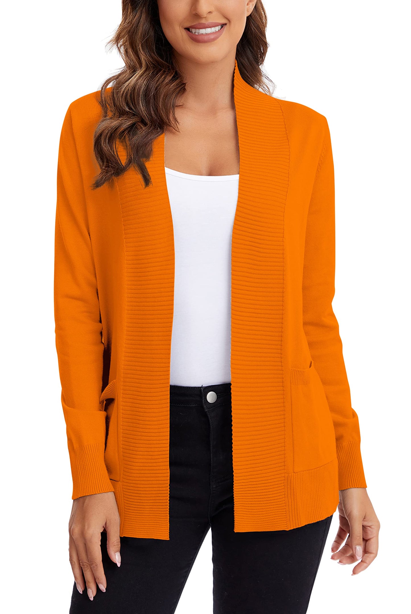 Urban CoCo Women's Lightweight Open Front Knit Cardigan Sweater Long Sleeve with Pocket (Orange, L)