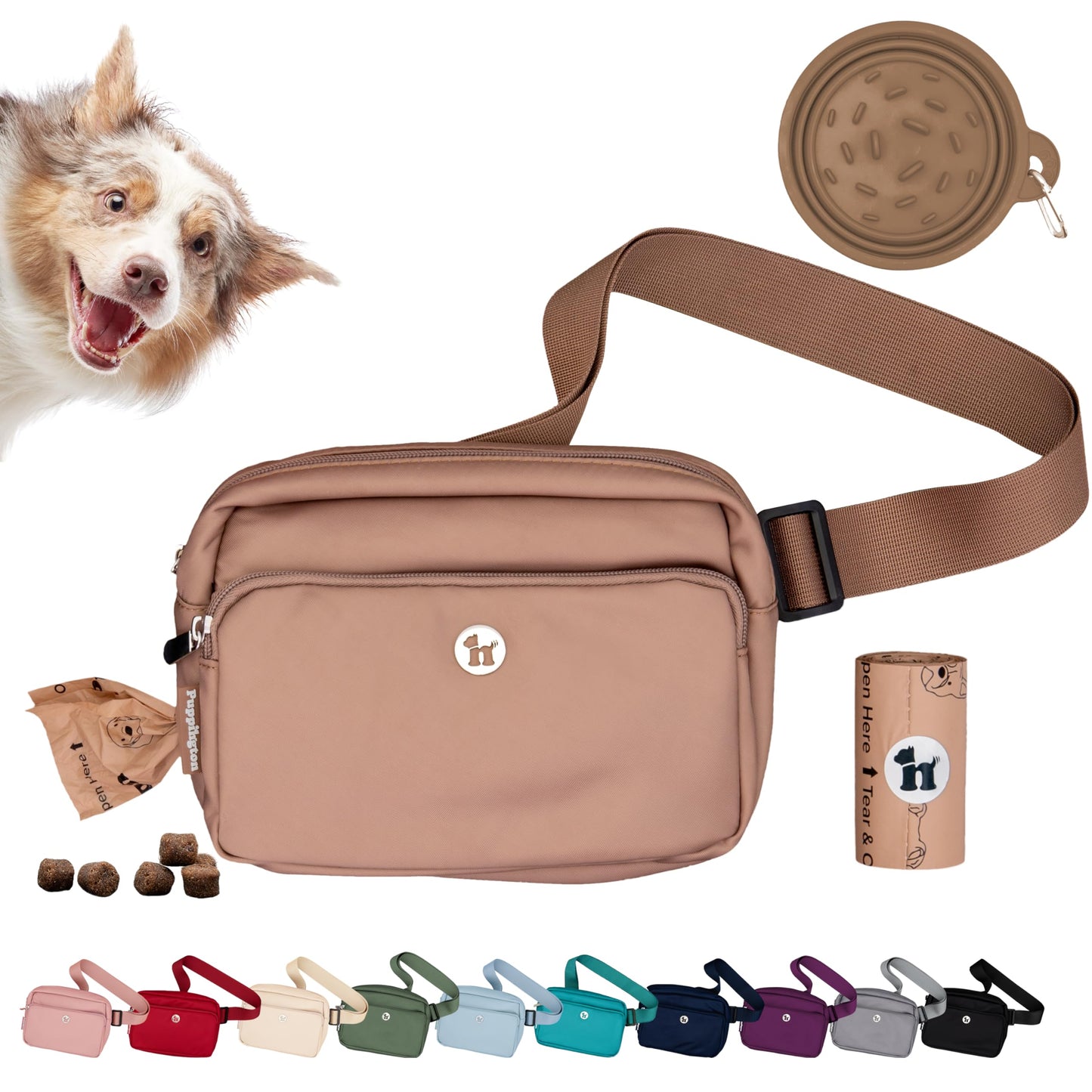 Puppington 3-in-1 Crossbody Bag & Dog Treat Pouch for Pet Training - Matching Compostable Poop Bags, Built-In Poop Bag Dispenser & Slow-Feeding Travel Dog Bowl - Dog Walking Bag (Latte Beige)