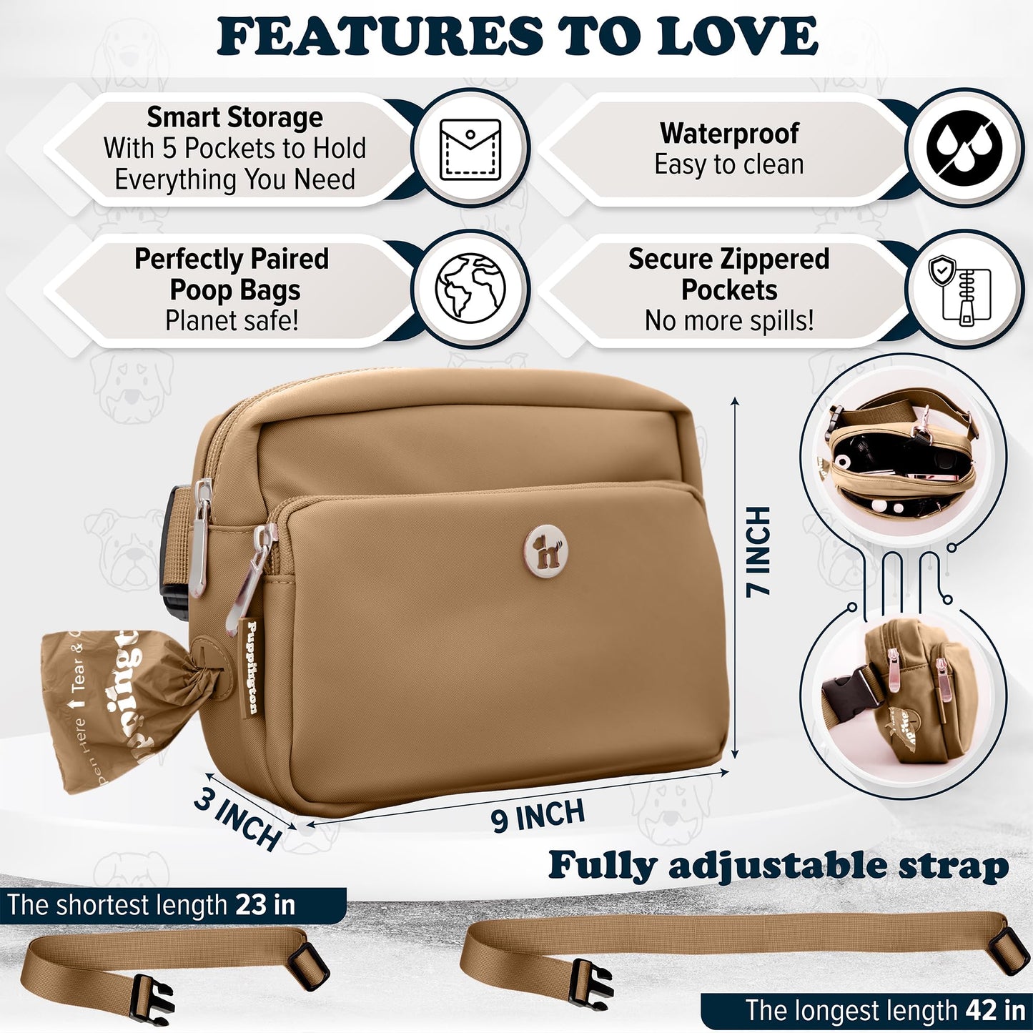 Puppington 3-in-1 Crossbody Bag & Dog Treat Pouch for Pet Training - Matching Poop Bags & Built-In Poop Bag Dispenser - Zippered Pockets - Dog Walking Bag for Office to Off-Leash (Latte Beige)