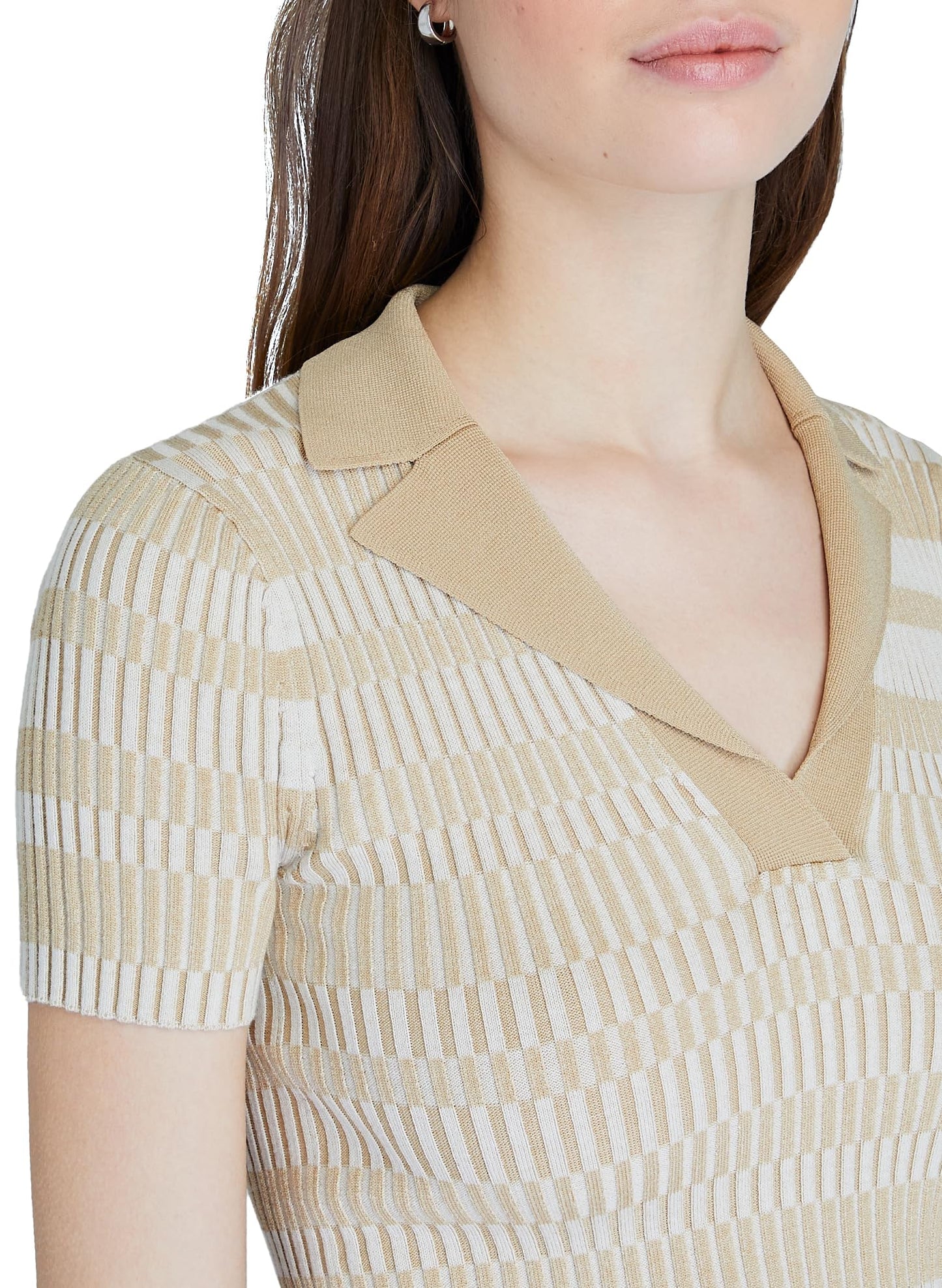 CLUB MONACO Women's Ribbed Johnny Collar Sweater Tee, Beige Mix/Beige