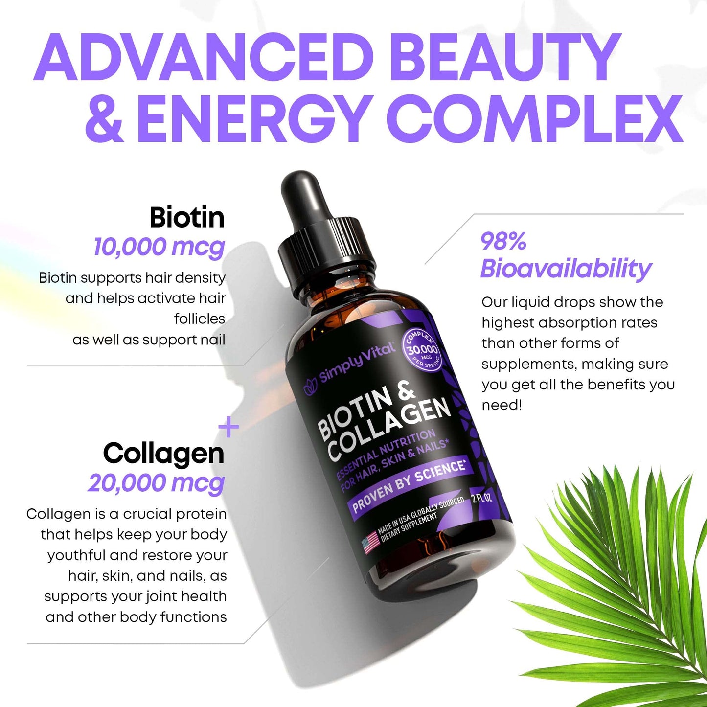 Simply Vital Liquid Collagen & Biotin Vitamins for Hair, Skin and Nails - Biotin 10000 mcg & Collagen 20000 mcg - Hair Growth Supplement for Women & Men - Made in USA - 99% Absorption Liquid Biotin