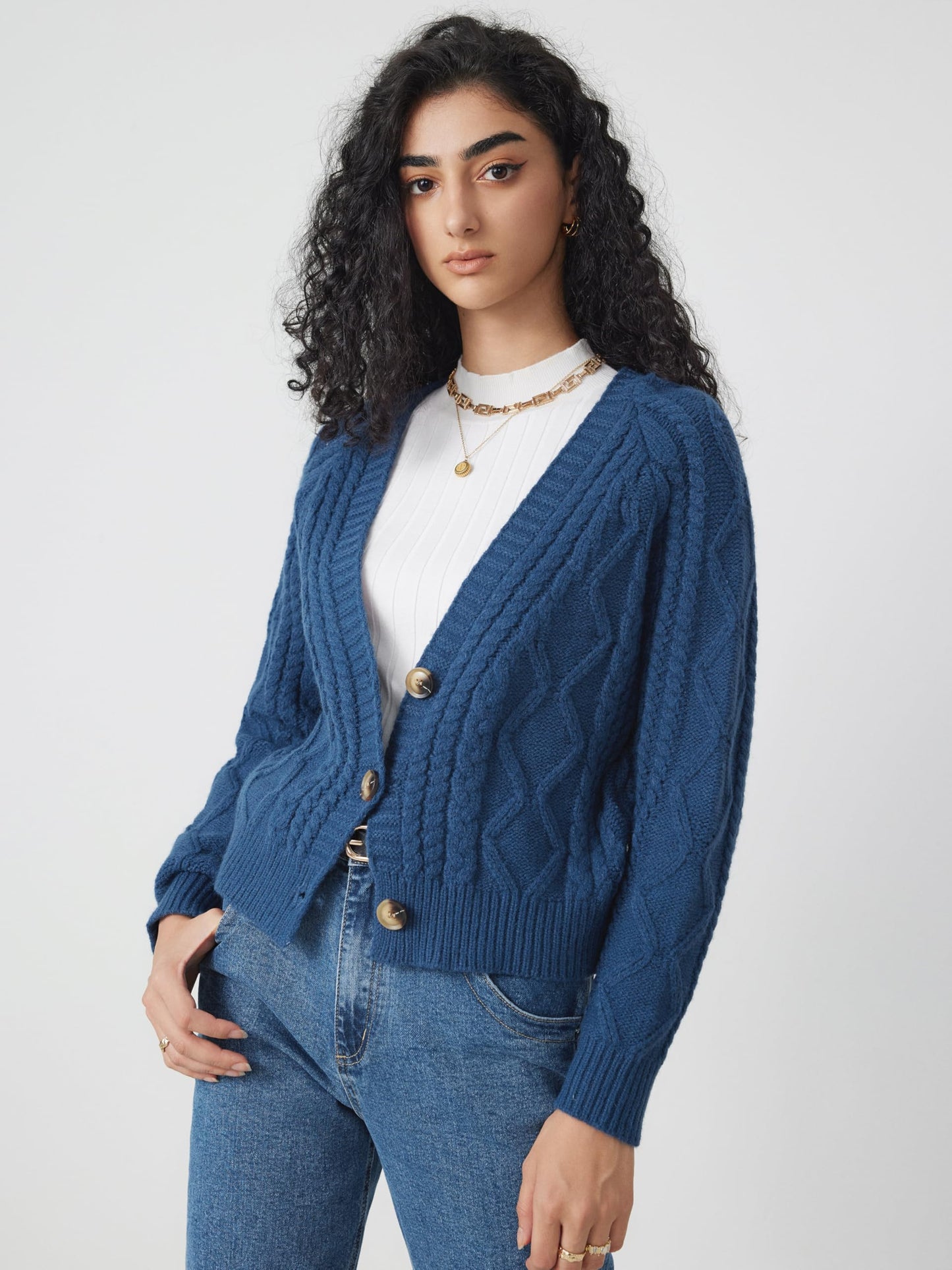 CIDER Women's Open Front Cardigan Sweaters Long Sleeve V-Neck Cable Knit Button Down Chunky Winter Trendy Outwear Coats: Blue, M