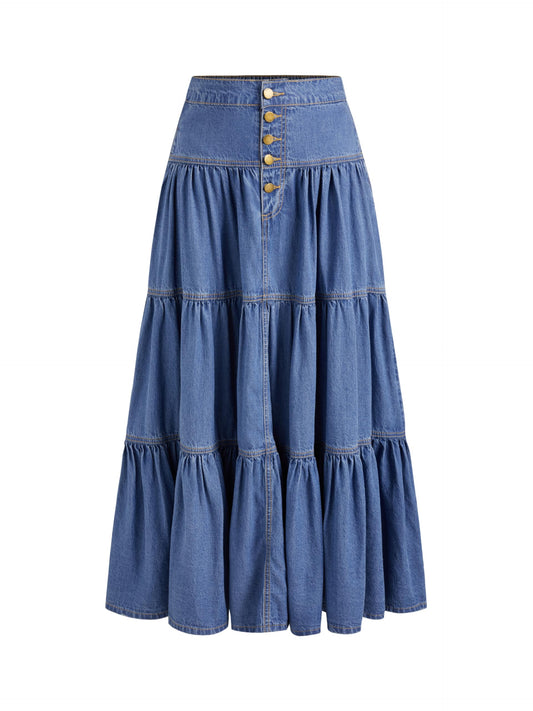 CIDER Women’s Long Jean Denim Tiered Button Down High Waisted Maxi Skirts: Mid Blue, M