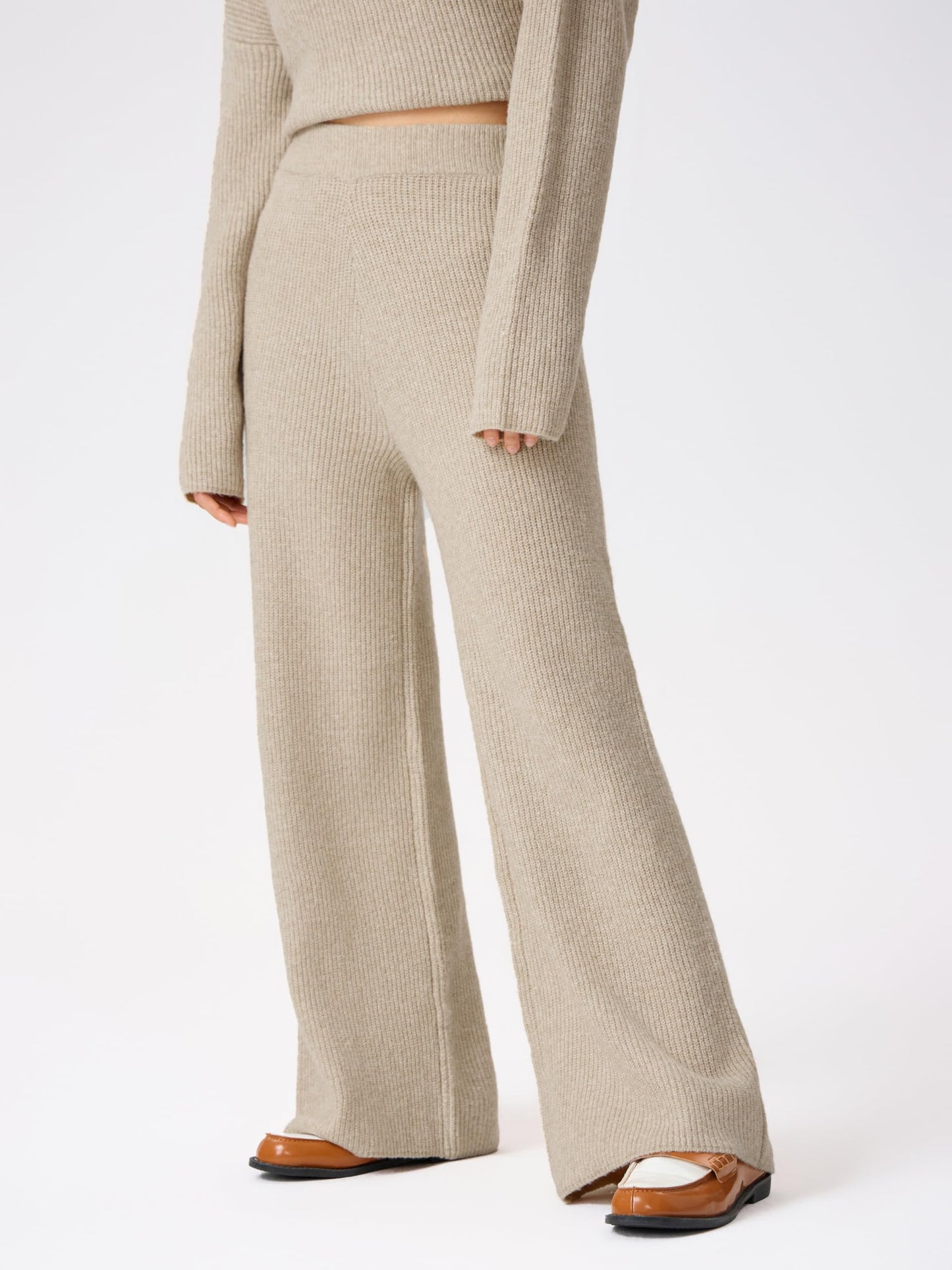 CIDER Lounge Pants Women Wide Leg Mid Waist Ribbed Knit Pants Casual Solid Warm Wool-Blend Sweatpants Fall Winter 2024: Khaki, M