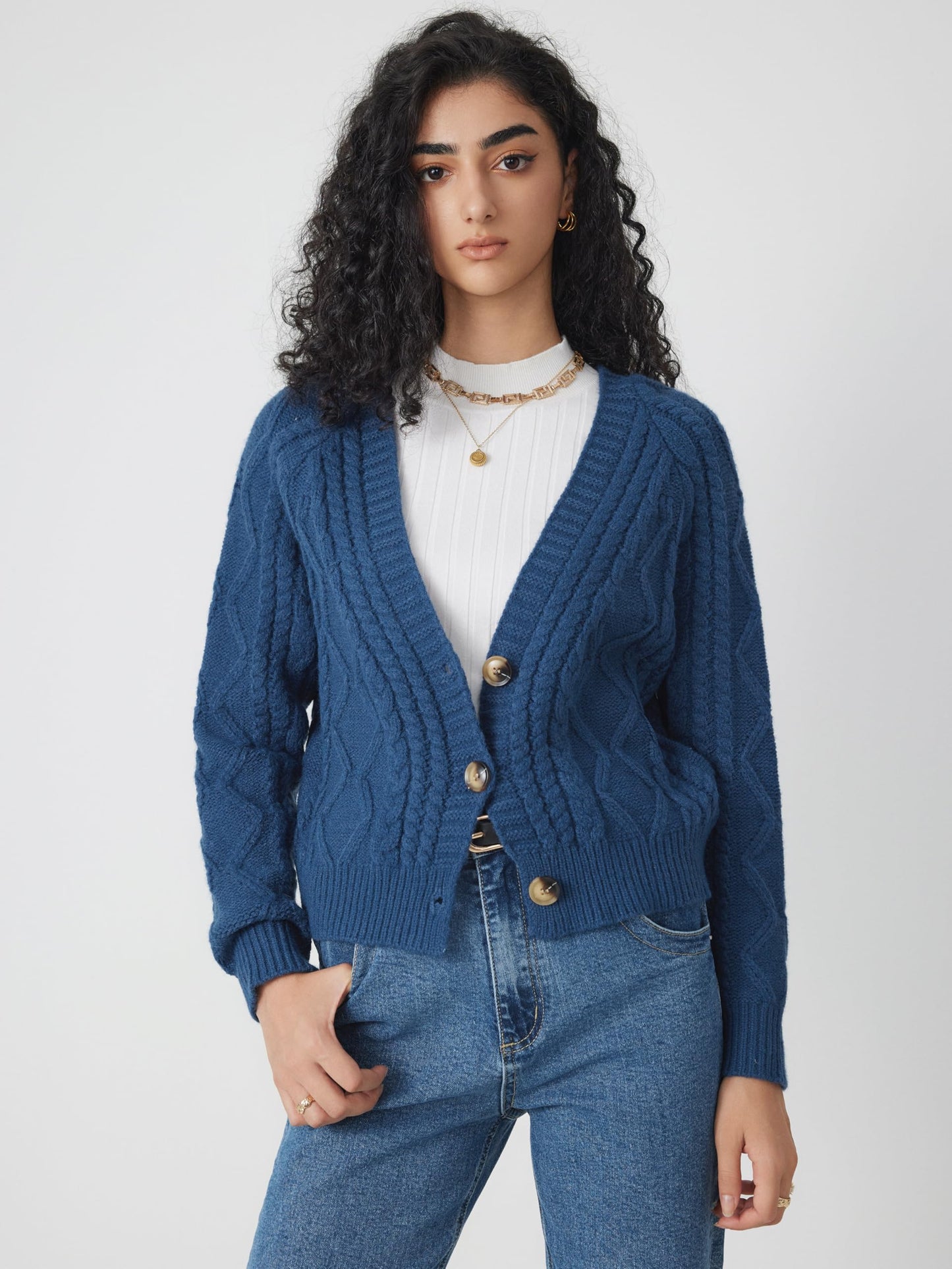 CIDER Women's Open Front Cardigan Sweaters Long Sleeve V-Neck Cable Knit Button Down Chunky Winter Trendy Outwear Coats: Blue, M