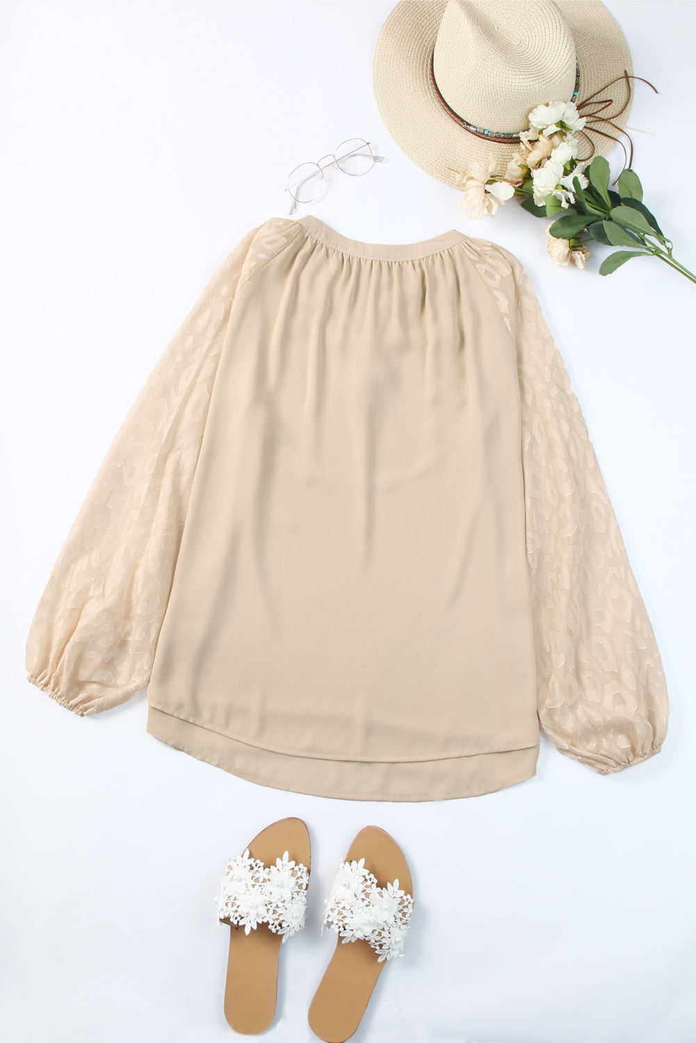 Beige Casual Leopard Sleeve Fringe Split Neck Blouse