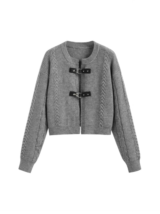 CIDER Cardigan Sweater for Women Round Neck Buckle Sweater Knitted Crop Top Long Sleeve Open Front Outerwear: Grey, M