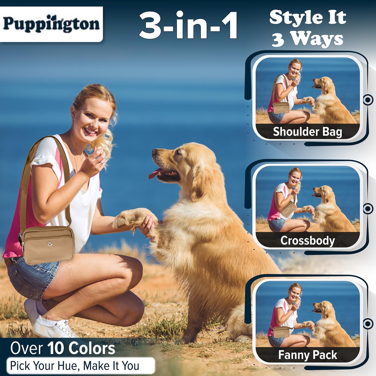 Puppington 3-in-1 Crossbody Bag & Dog Treat Pouch for Pet Training - Matching Poop Bags & Built-In Poop Bag Dispenser - Zippered Pockets - Dog Walking Bag for Office to Off-Leash (Latte Beige)