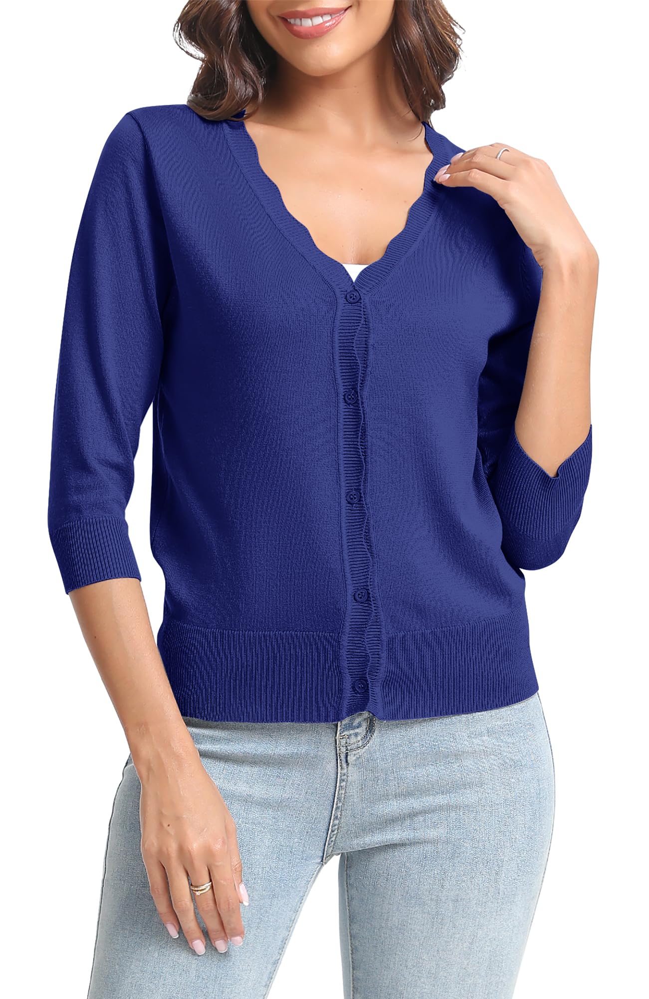 Urban CoCo Woman's 3/4 Sleeve Solid V-Neck Shrugs for Dress Lightweight Knit Cardigan(Royal Blue,M)