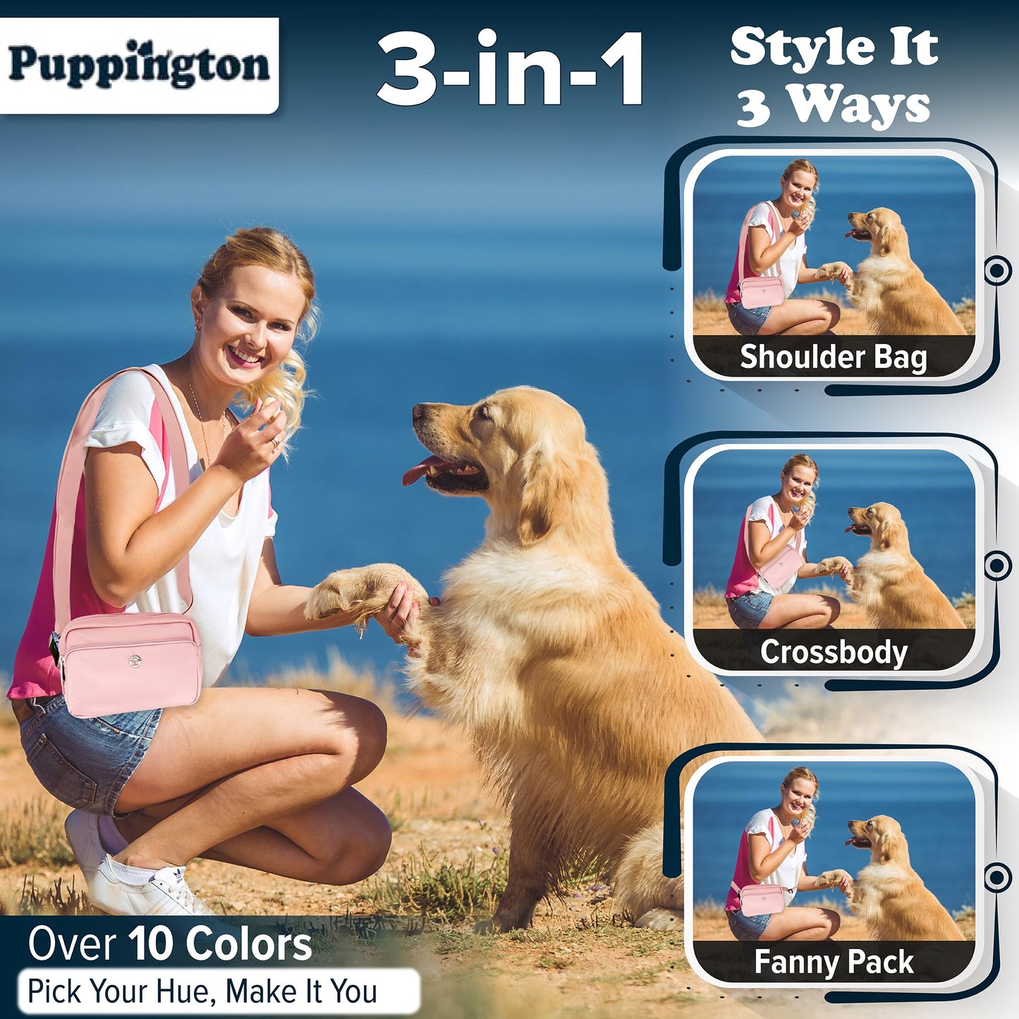 Puppington 3-in-1 Crossbody Bag & Dog Treat Pouch for Pet Training - Matching Poop Bags & Built-In Poop Bag Dispenser - Zippered Pockets - Dog Walking Bag for Office to Off-Leash (Blush Pink)