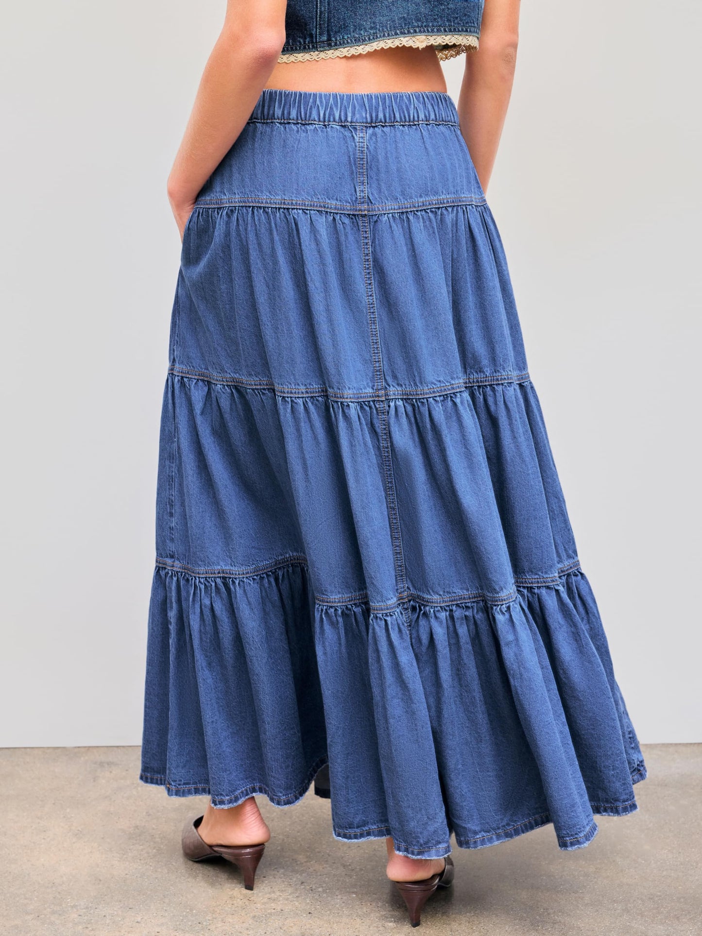 CIDER Women’s Long Jean Denim Tiered Button Down High Waisted Maxi Skirts: Mid Blue, M