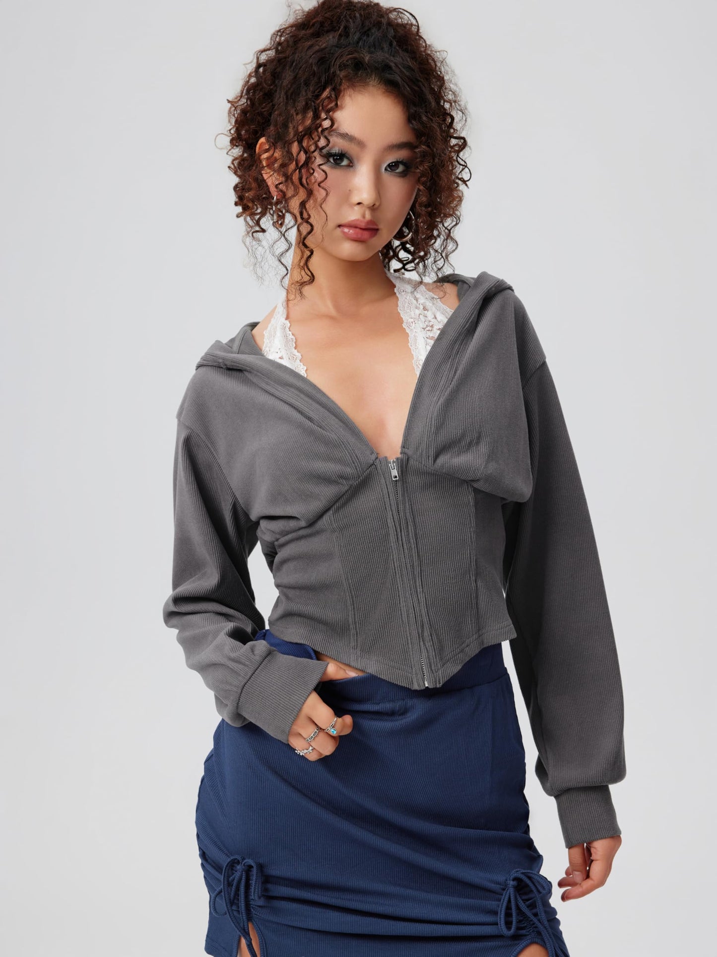 CIDER Zip Up Hoodie Women Cropped Sweatshirts Lace Halter Long Sleeve Corset Hoodie Trendy Jackets Y2K Outfits: Dark Grey, M