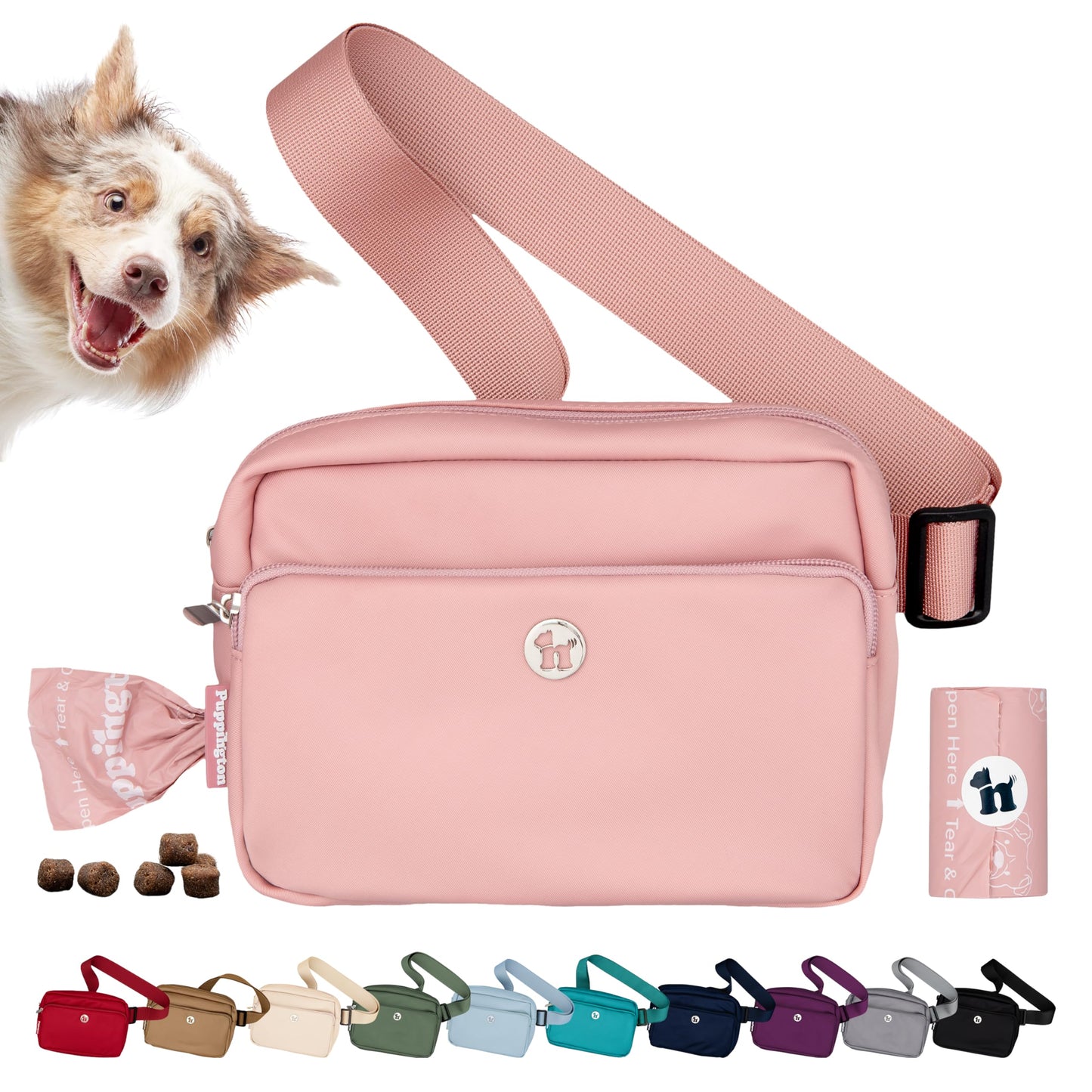 Puppington 3-in-1 Crossbody Bag & Dog Treat Pouch for Pet Training - Matching Poop Bags & Built-In Poop Bag Dispenser - Zippered Pockets - Dog Walking Bag for Office to Off-Leash (Blush Pink)