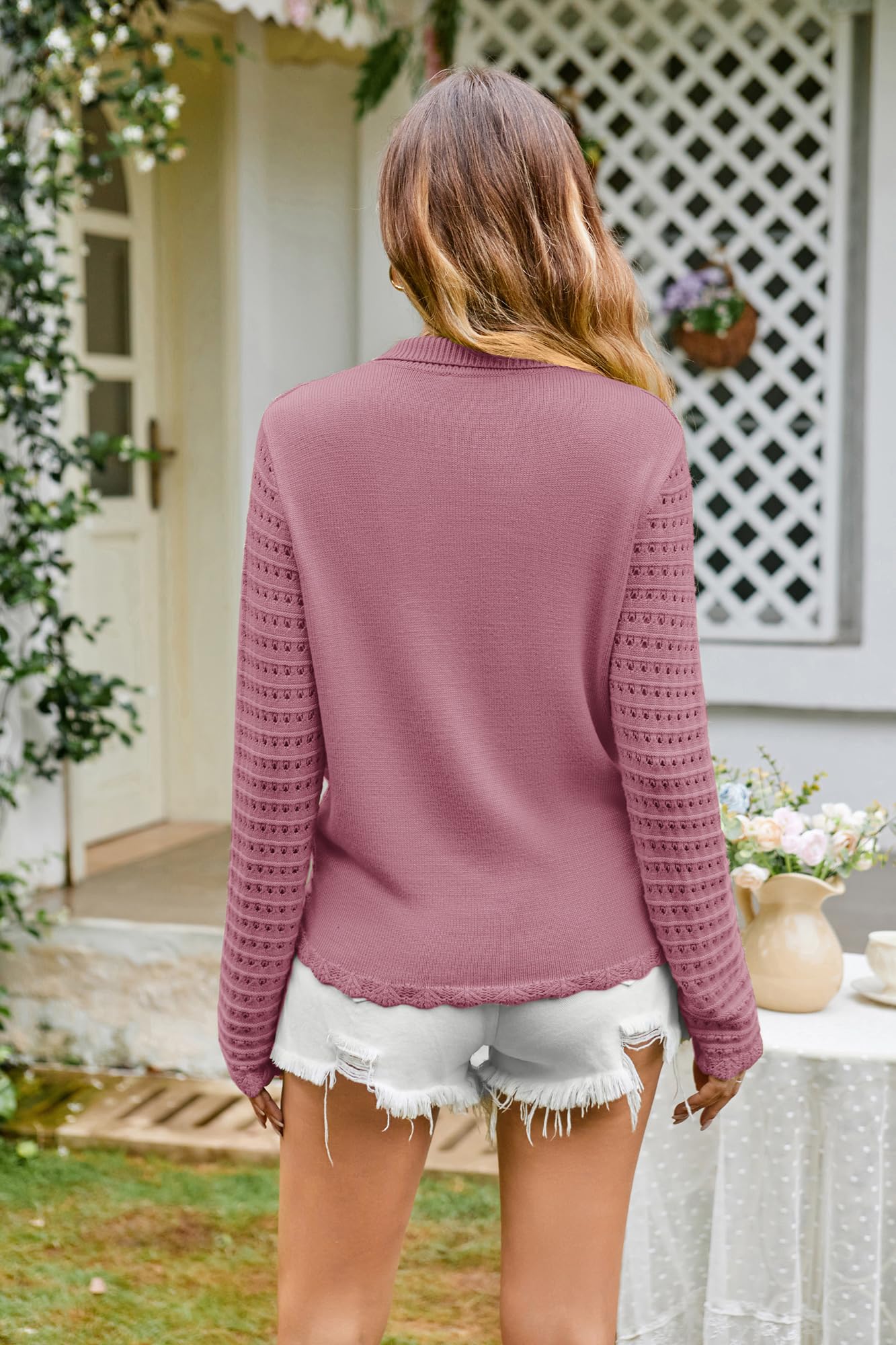 GRACE KARIN Long Sleeve Scallop Trim Cardigans Sweater for Women Knitted Collared Soft Shrugs for Women Pink S