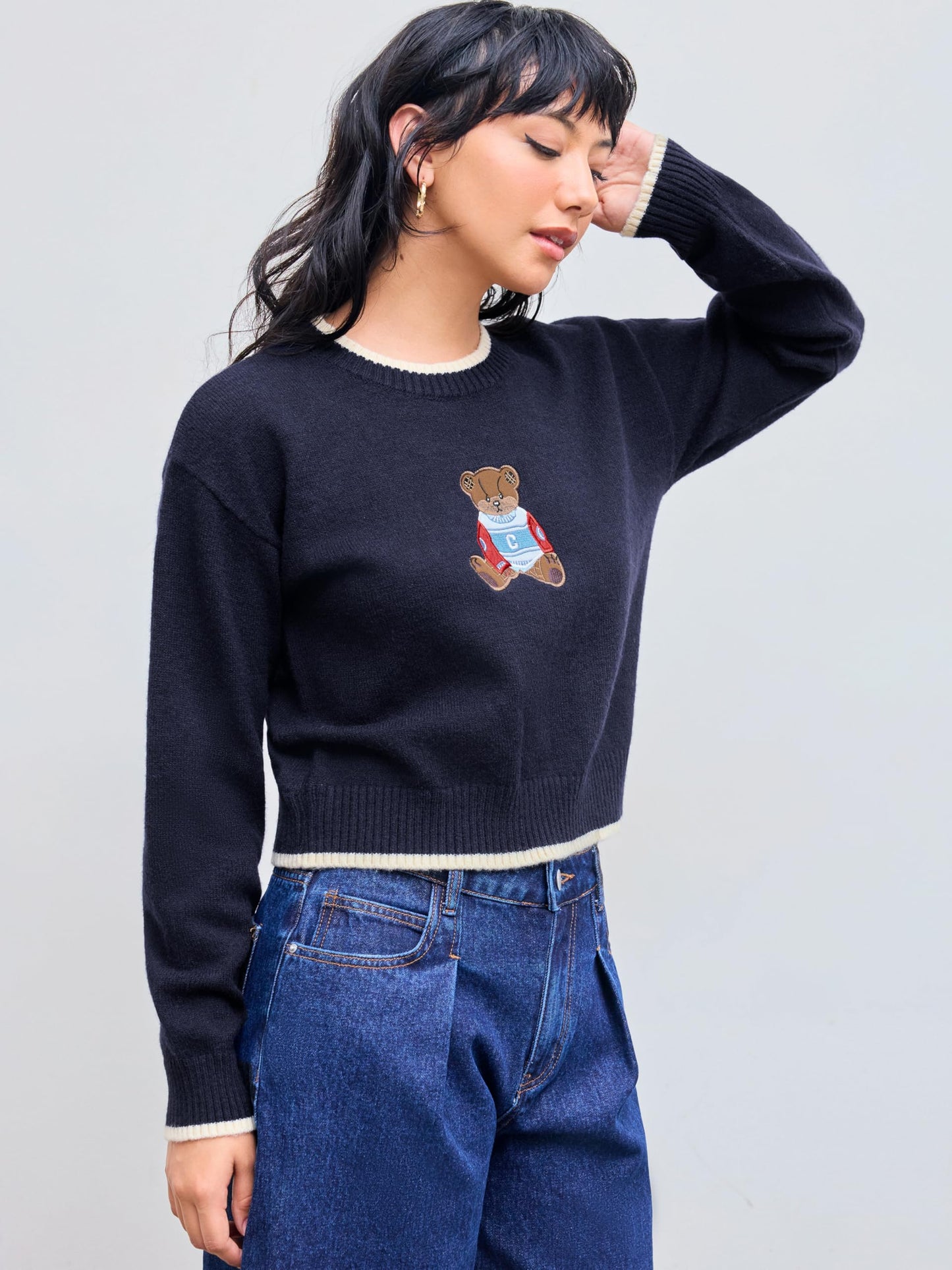 CIDER Womens Sweaters Fall Long Sleeve Bear Graphic Crewneck Sweater Soft Knit Casual Cropped Pullover Cute Fall Outfits 2024: Navy Blue, M