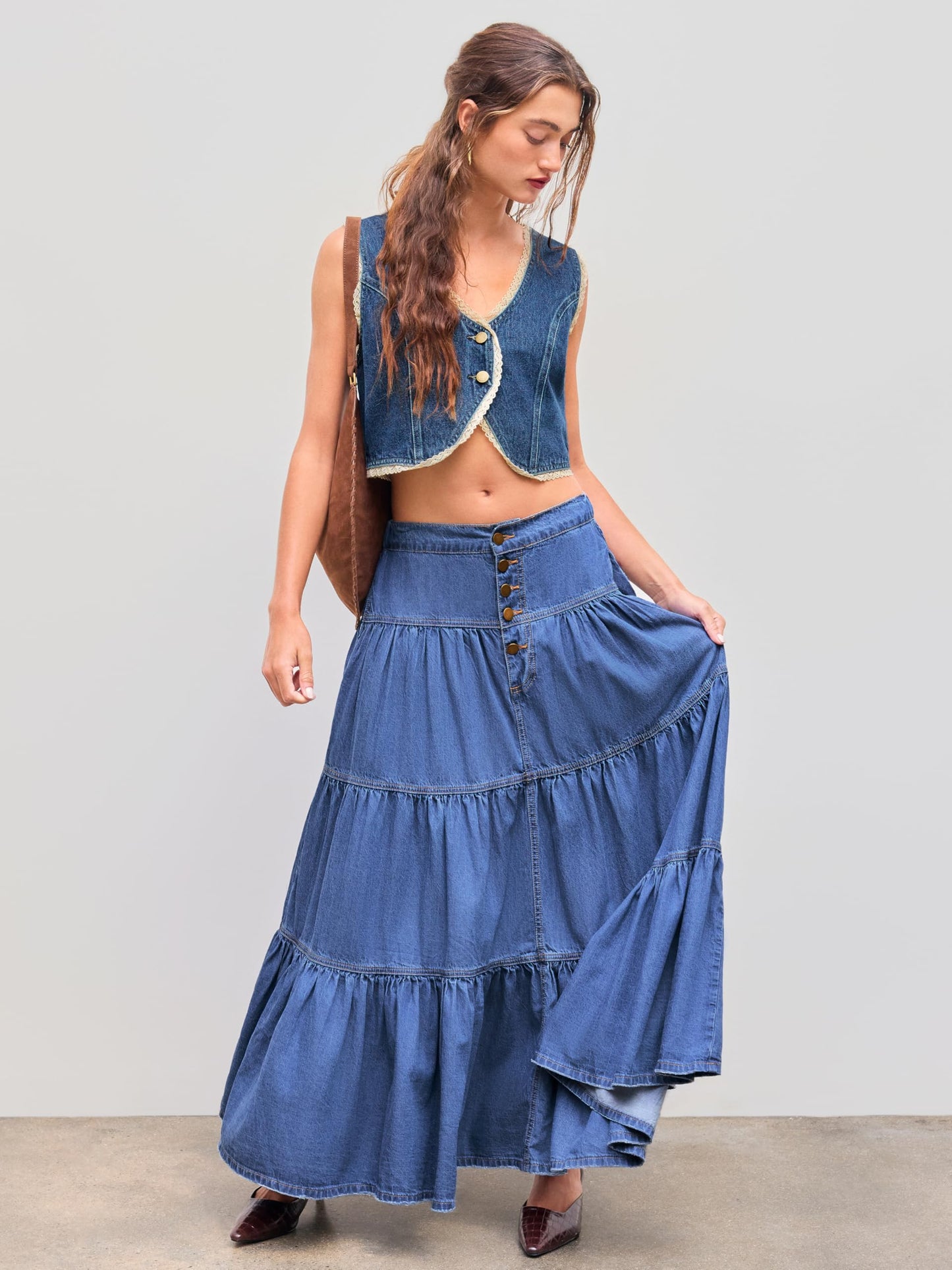 CIDER Women’s Long Jean Denim Tiered Button Down High Waisted Maxi Skirts: Mid Blue, M