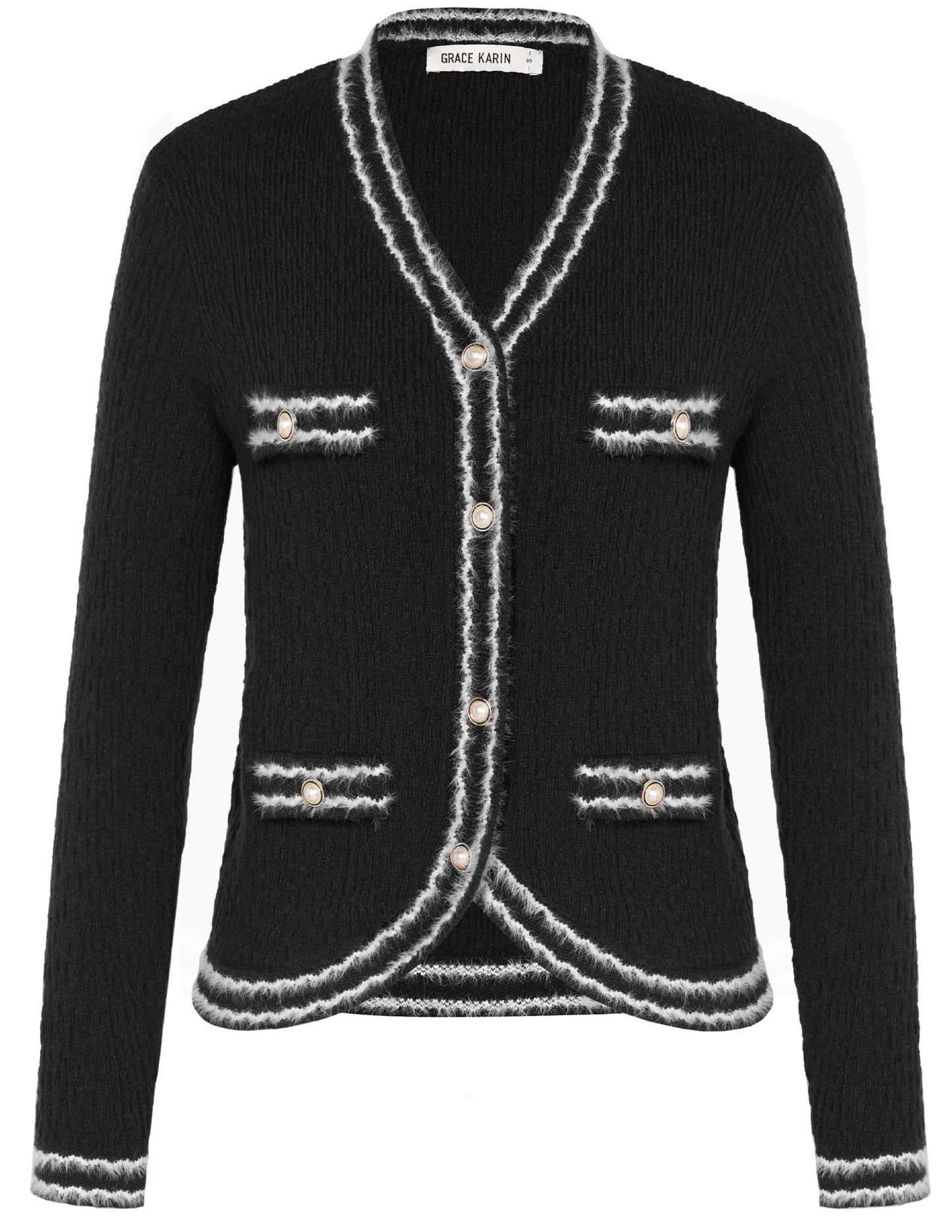 GRACE KARIN Women's Long Sleeve Cropped Cardigan Sweaters Elegant Pearl Button Down Knit Open Front V-Neck Jacket Tops Black