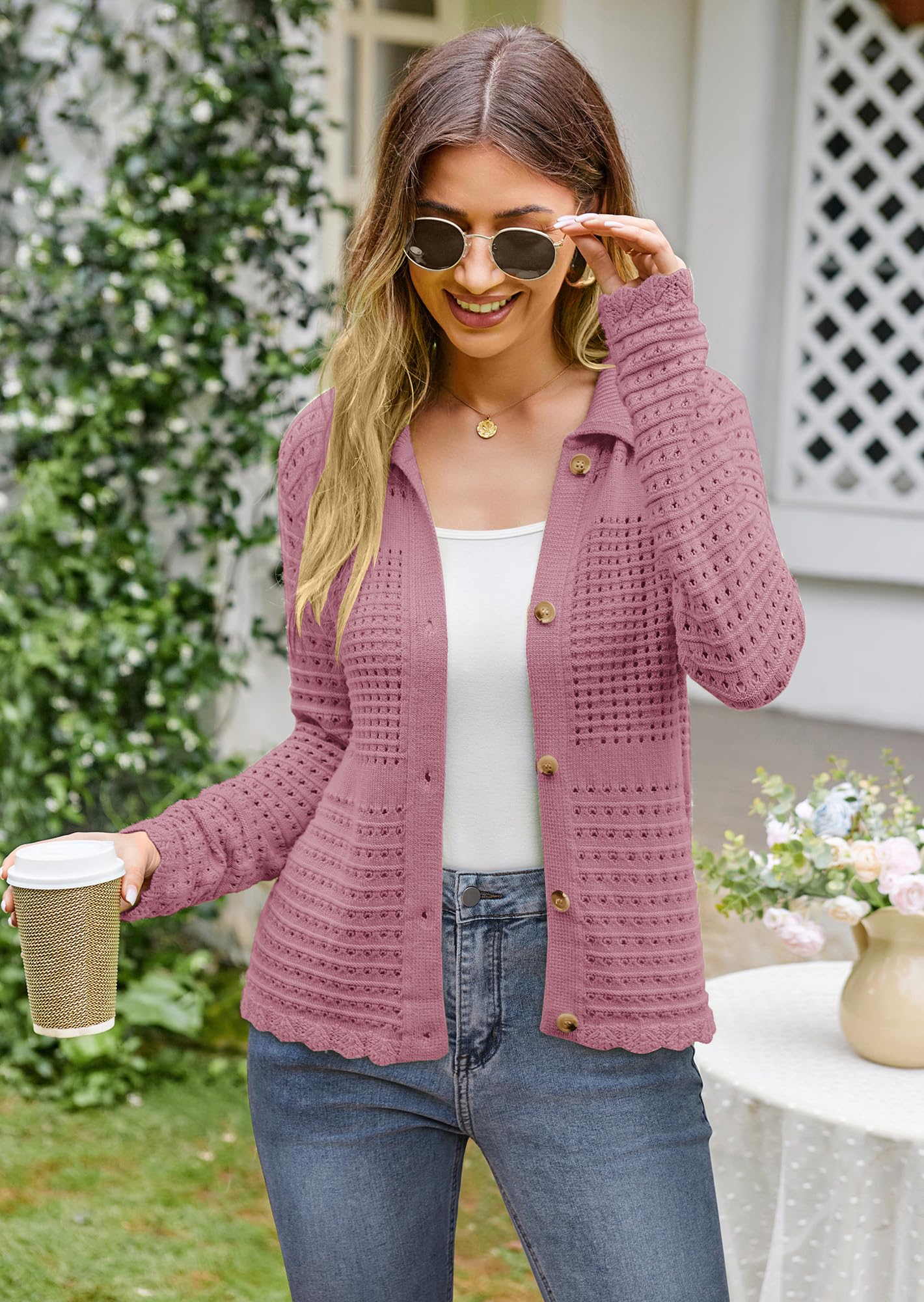 GRACE KARIN Long Sleeve Scallop Trim Cardigans Sweater for Women Knitted Collared Soft Shrugs for Women Pink S