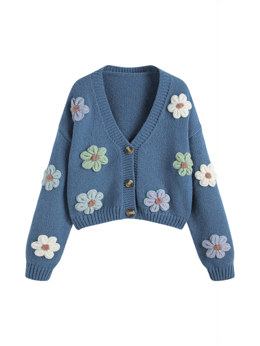 CIDER Women’s Floral Cropped Cardigan Cute Flower V Neck Button Down Trendy Sweater: Blue, M