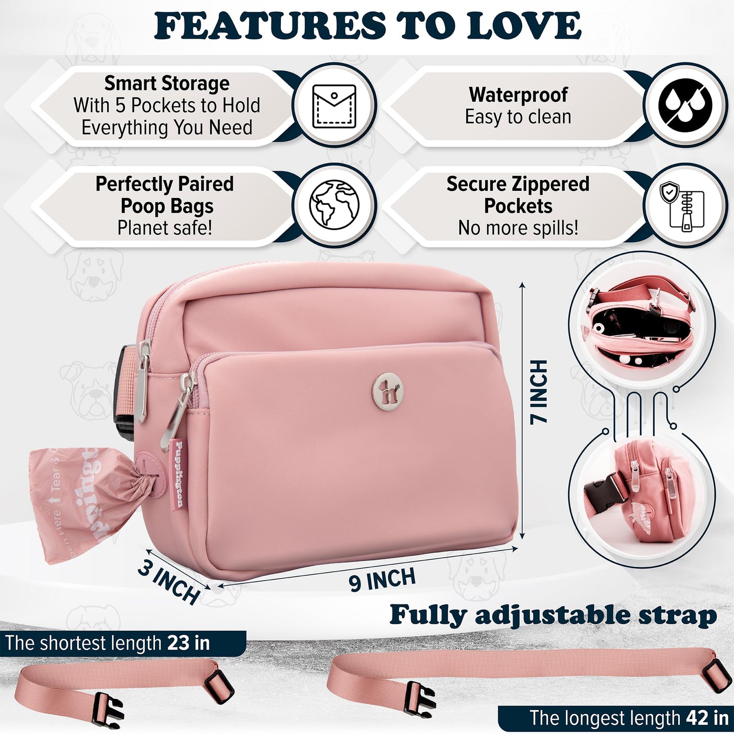 Puppington 3-in-1 Crossbody Bag & Dog Treat Pouch for Pet Training - Matching Poop Bags & Built-In Poop Bag Dispenser - Zippered Pockets - Dog Walking Bag for Office to Off-Leash (Blush Pink)