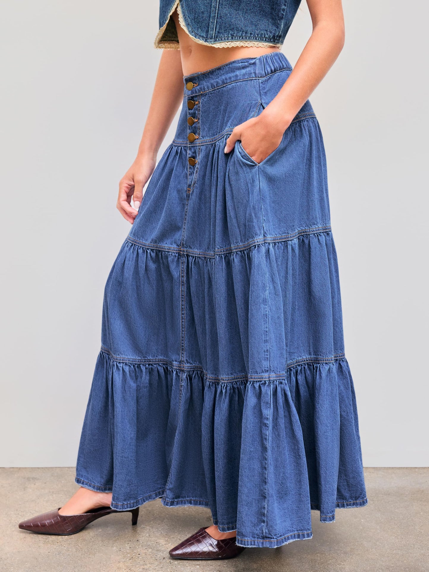 CIDER Women’s Long Jean Denim Tiered Button Down High Waisted Maxi Skirts: Mid Blue, M