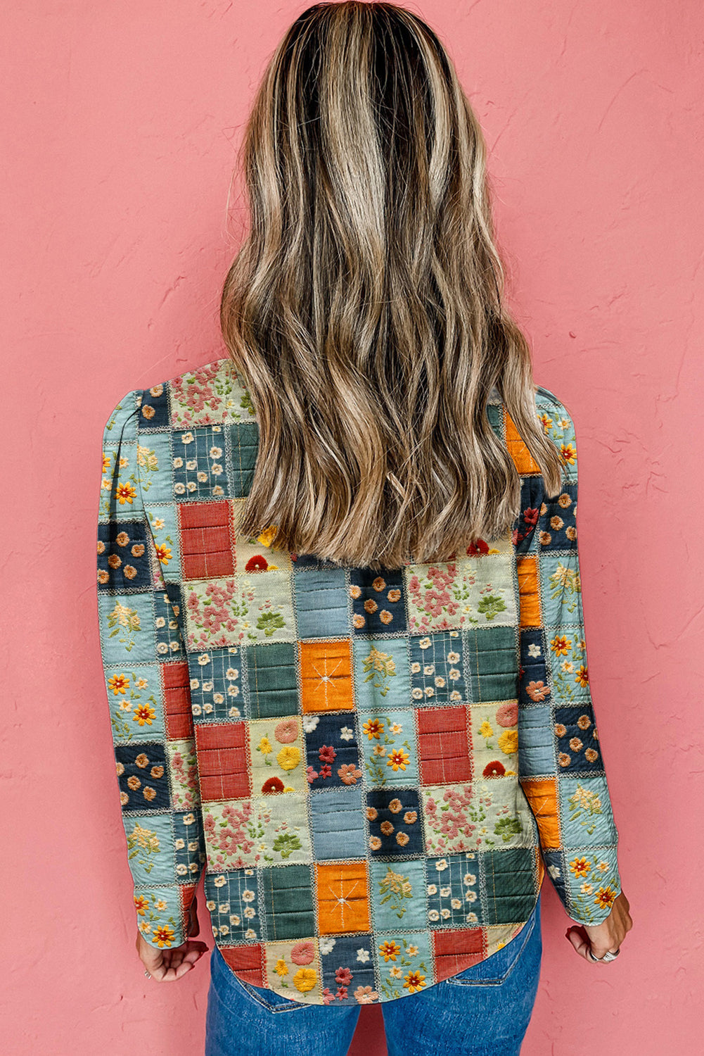 Sky Blue Checkered Floral Patchwork V Neck Blouse