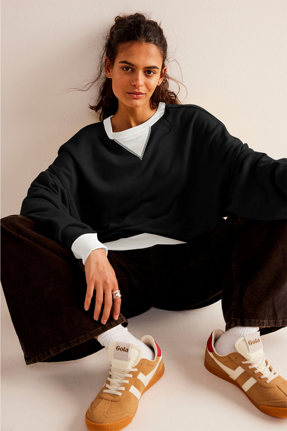 Black Contrast Ribbed Color Block Patchwork Baggy Sweatshirt