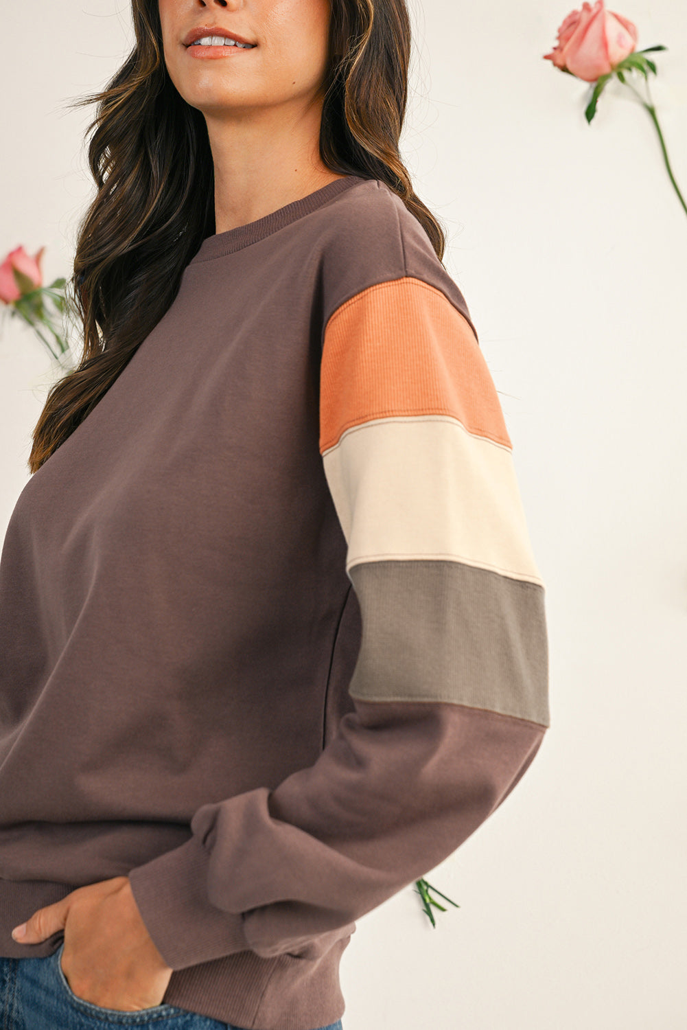 Dark Khaki Colorblock Drop Shoulder Pullover Casual Sweatshirt