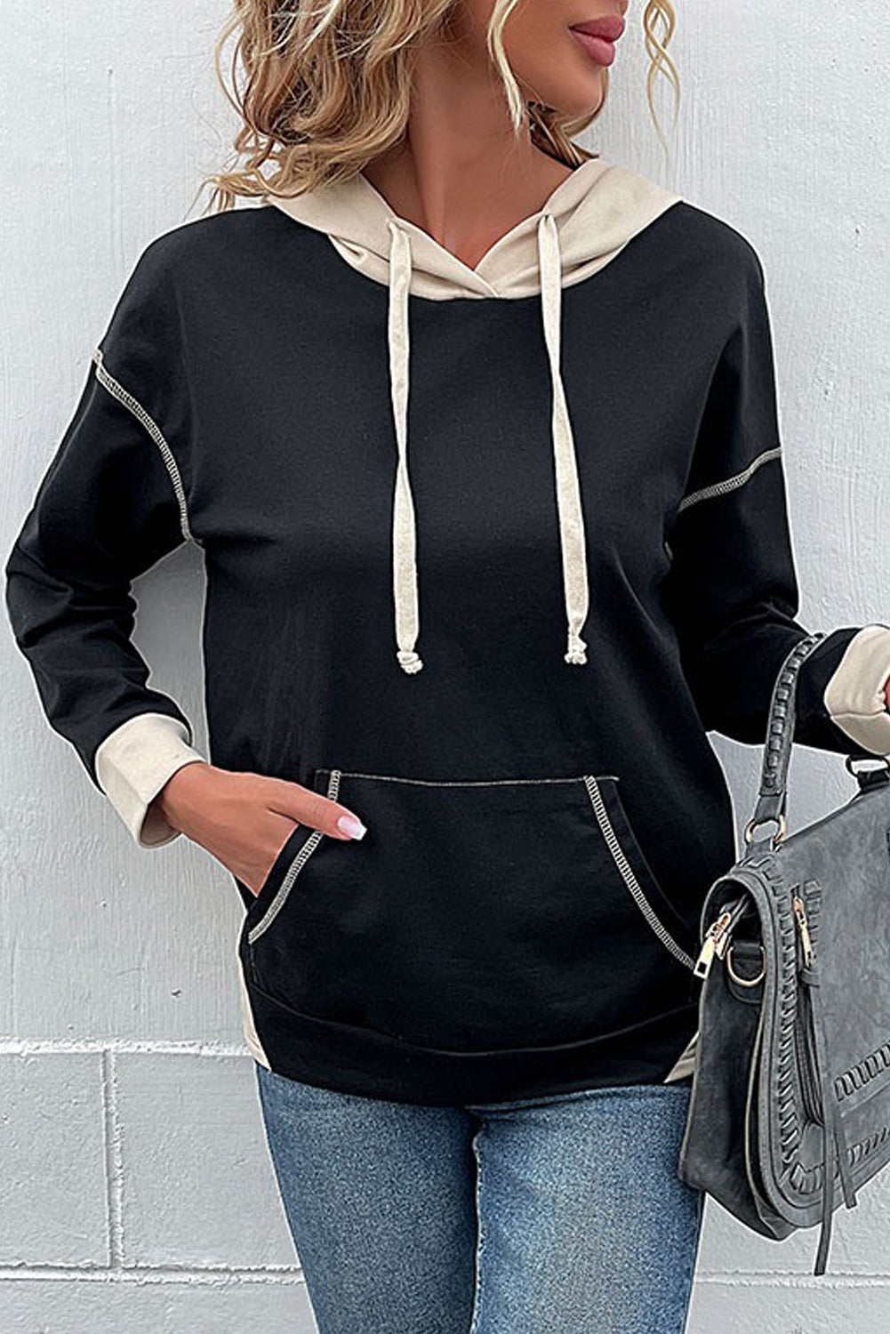 Black Contrast Trim Kangaroo Pocket Hoodie