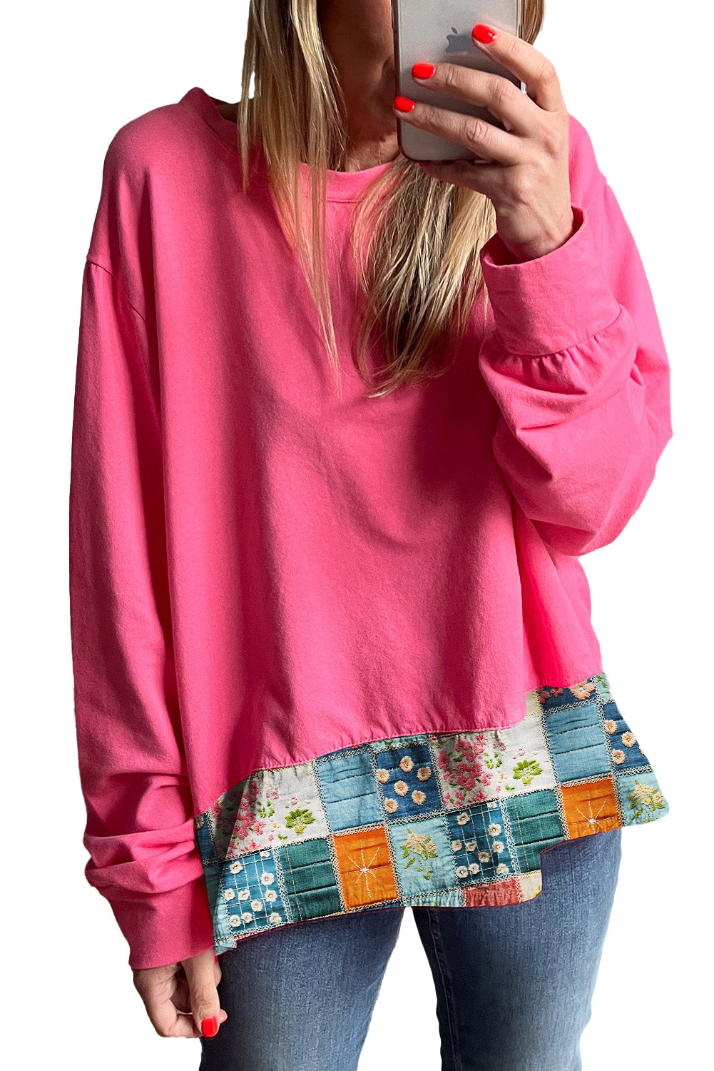 Strawberry Pink Floral Hemline Patchwork Round Neck Casual Top