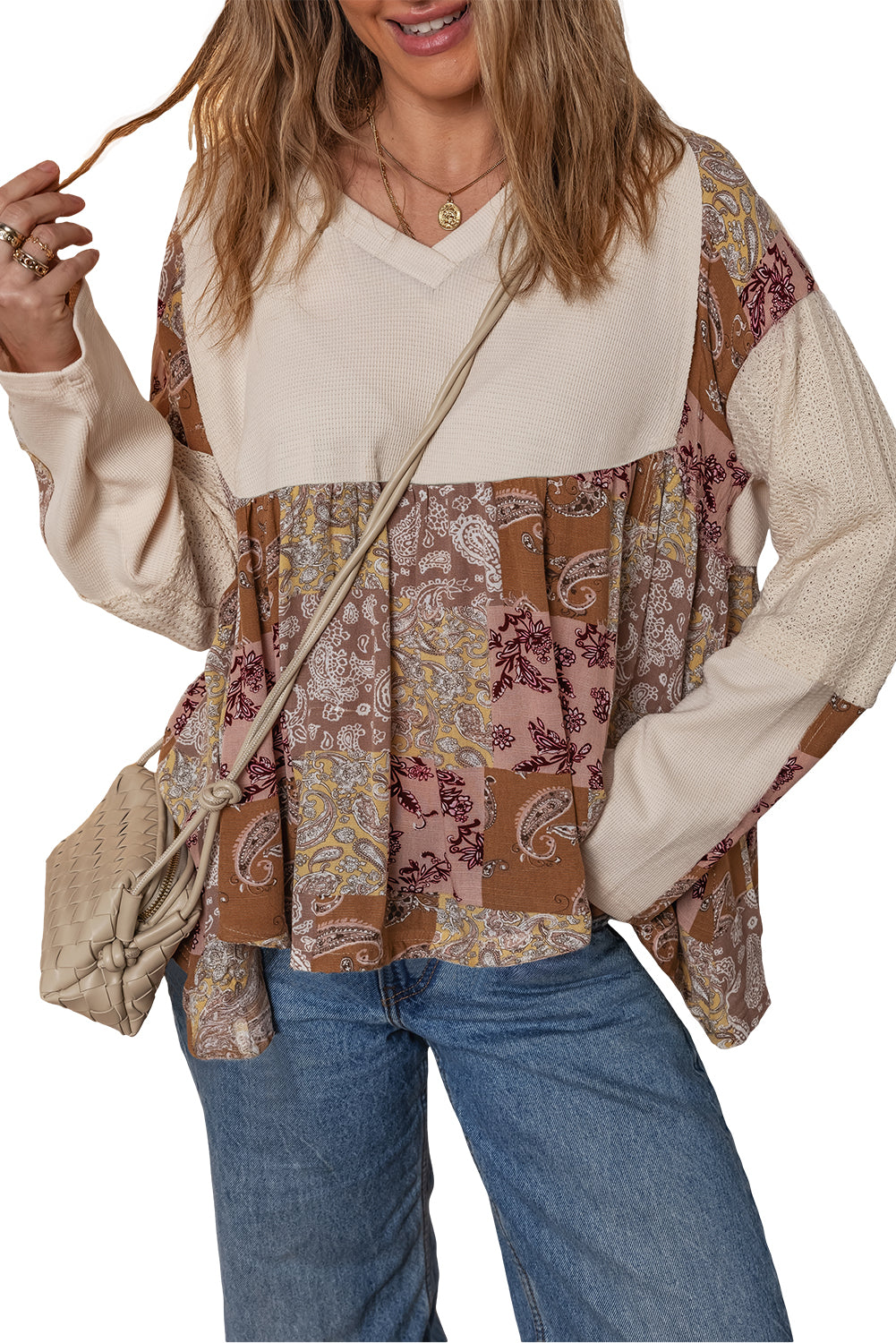 Beige Paisley Ethnic Print Waffle Patchwork Long Sleeve Loose Top
