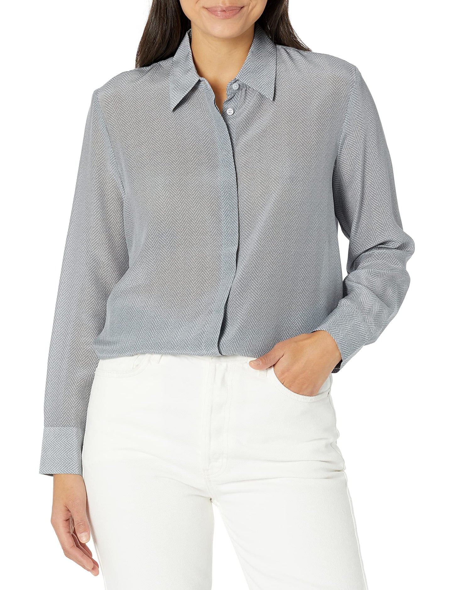 CLUB MONACO Women's Signature Silk Shirt, Herringbone, Medium