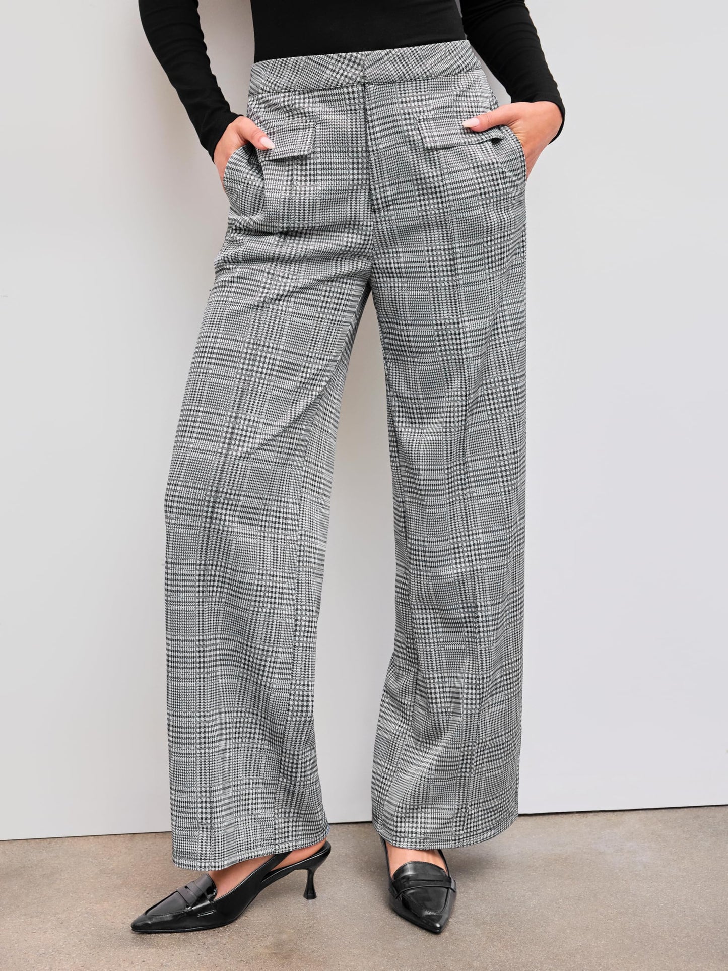 CIDER Women's High Waisted Wide Leg Pants Plaid Pants Business Casual Trousers with Pockets: Grey, M