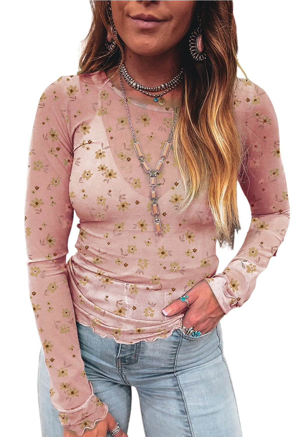 Pink Floral Print Mesh Slim Fit Long Sleeve Top