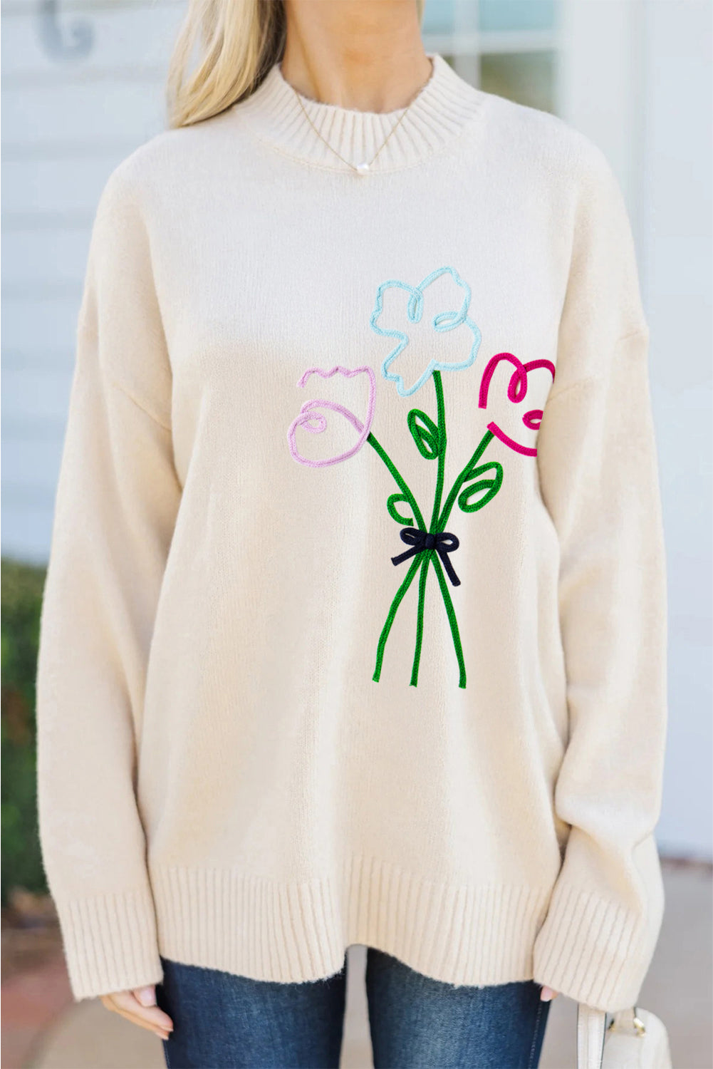 White Floral Embroidered Drop Sleeve Knit Sweater