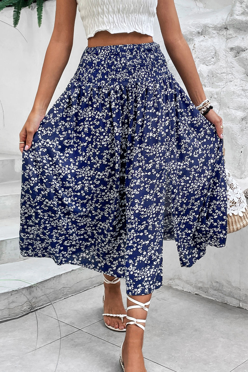 Navy Blue Floral Print Side Split Long Skirt
