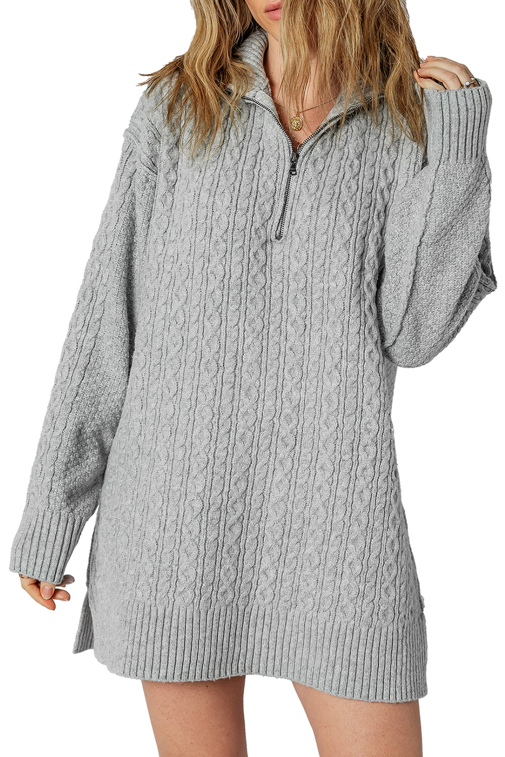 High-rise Quarter Zip Ribbed Trim Cable Knit Loose Sweater Dress