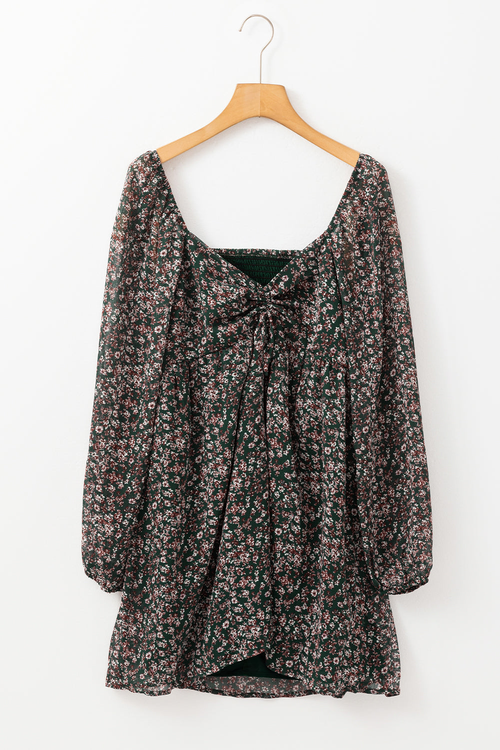 Green Ditsy Floral Print Sweetheart Neck Smocked Back Mini Dress