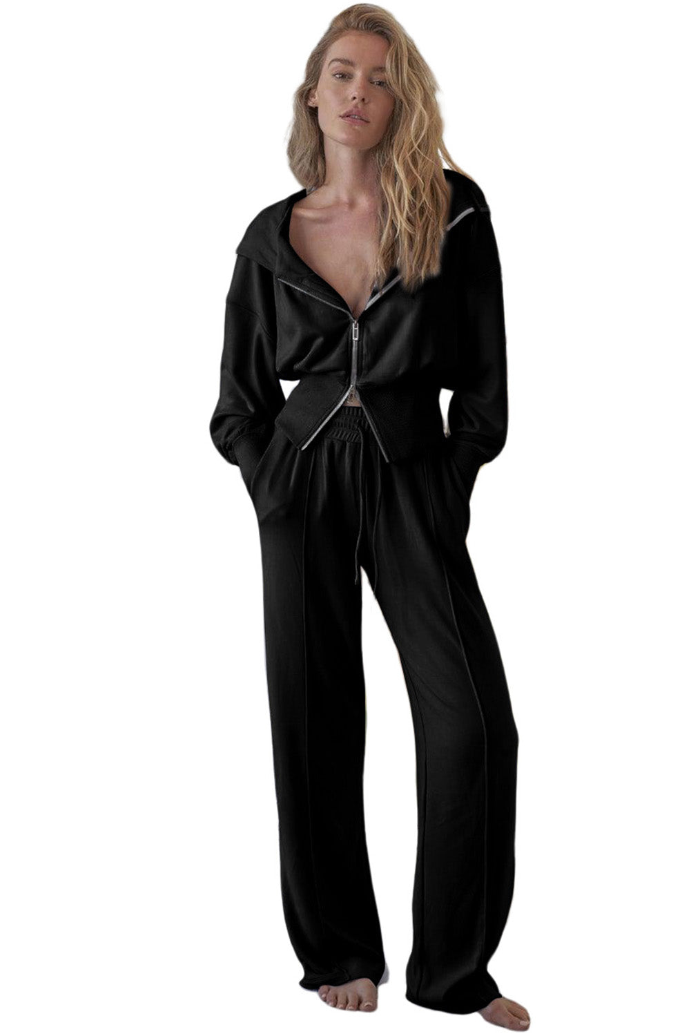 Black Double Zipper Hooded Jacket and Sweatpants Active Set