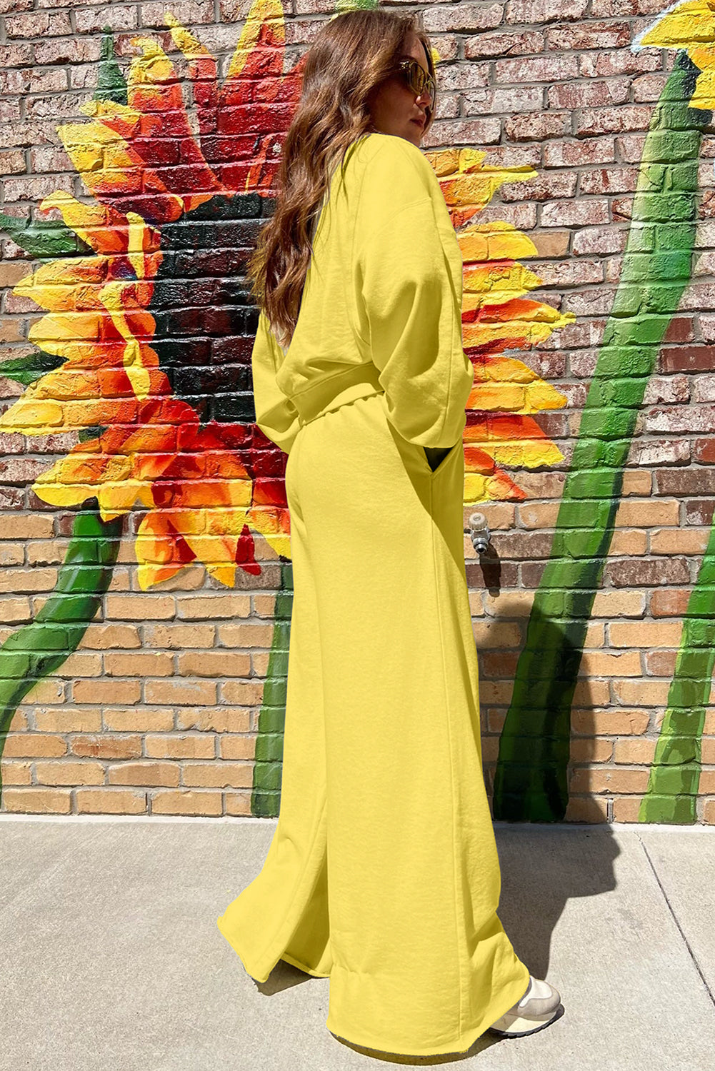Yellow Cream Drop Shoulder Crop Pullover Drawstring Wide Leg Pants Set