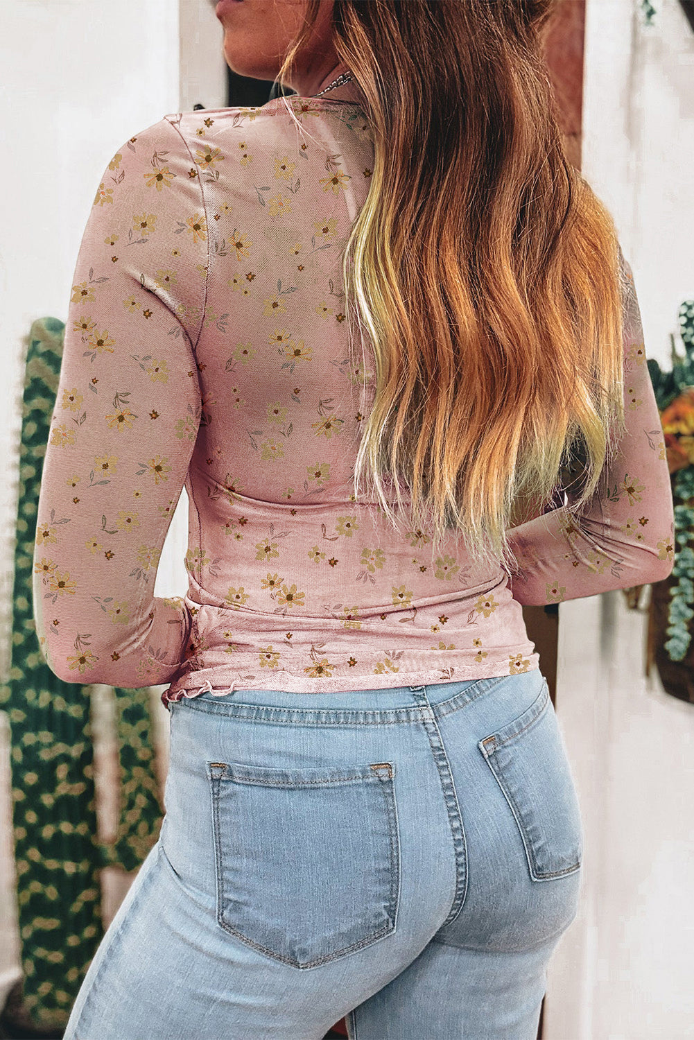 Pink Floral Print Mesh Slim Fit Long Sleeve Top