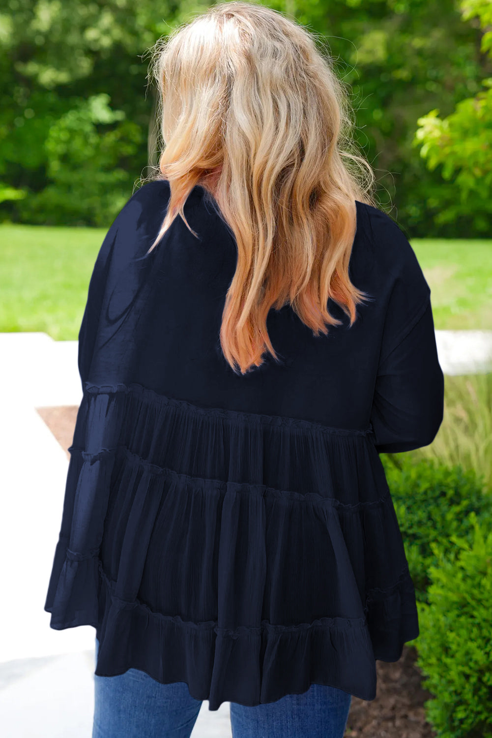 Navy Blue Frill Tiered Patchwork Ribbed Trim Flowy Plus Size Top